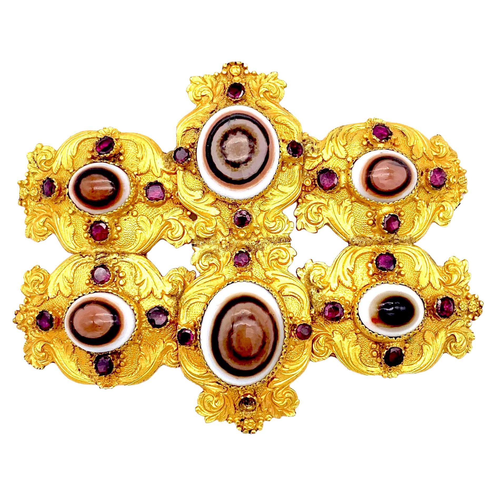 Antike georgianische Schnalle Banded Achat gegen das böse Auge Granate vergoldetes Metall    im Angebot
