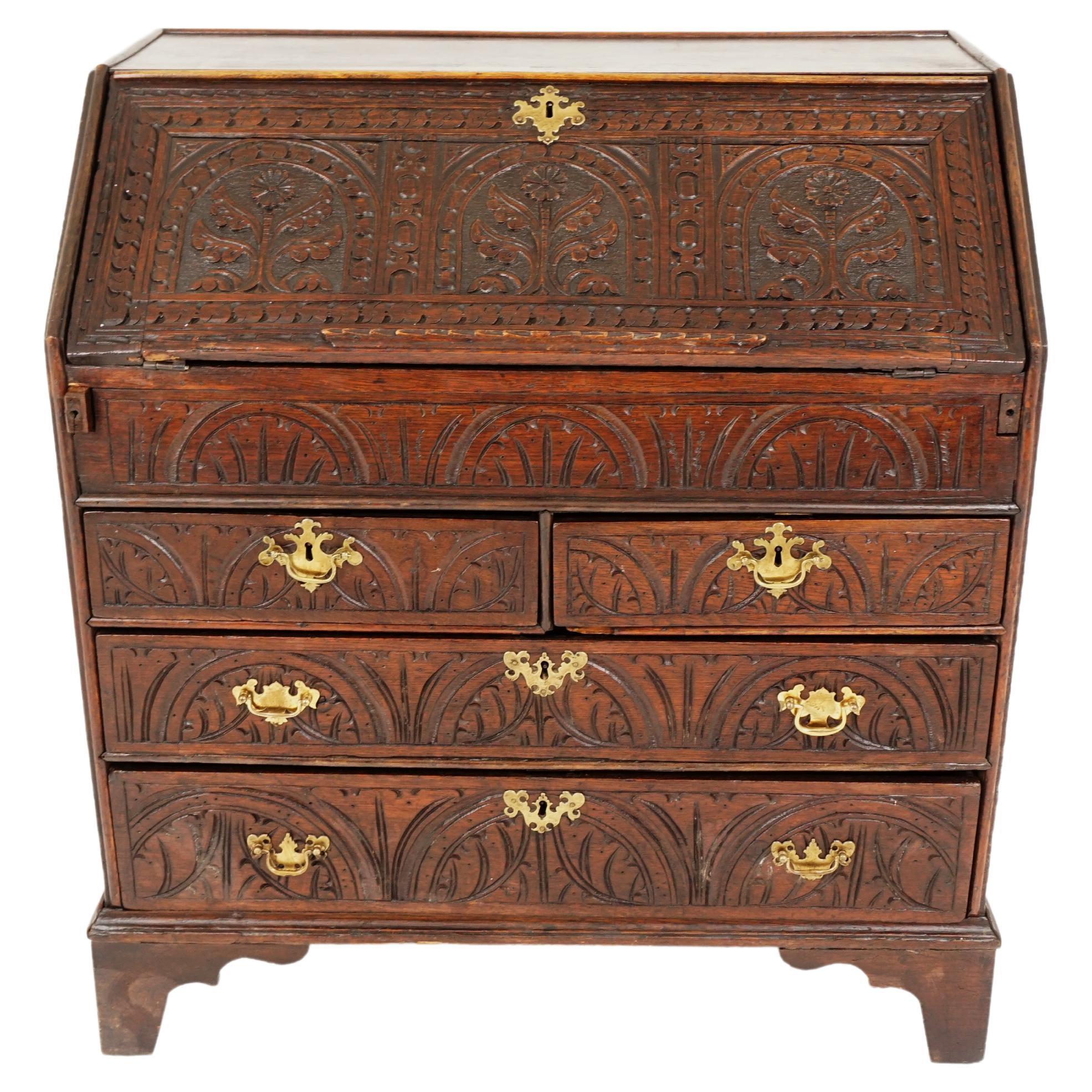 Antique Georgian Bureau, Oak Desk, Writing Table, Scotland 1800, H163 For Sale