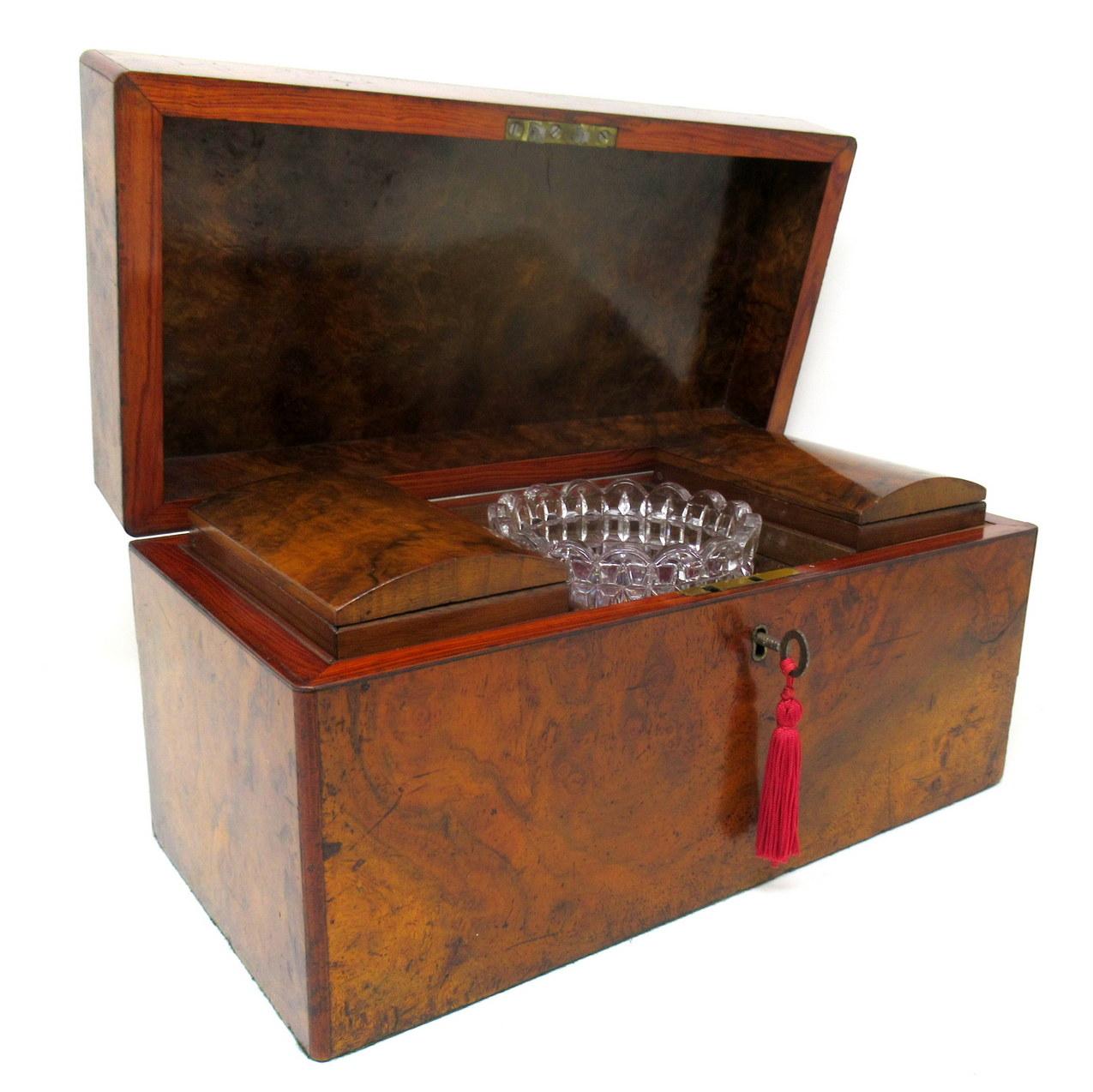 A Superb Example of an English Georgian Period Well figured Burr Walnut Double Interior Section Tea Caddy of flat rectangular outline, generous proportions and outstanding quality, all areas are edged with self-quadrant mouldings, complete with