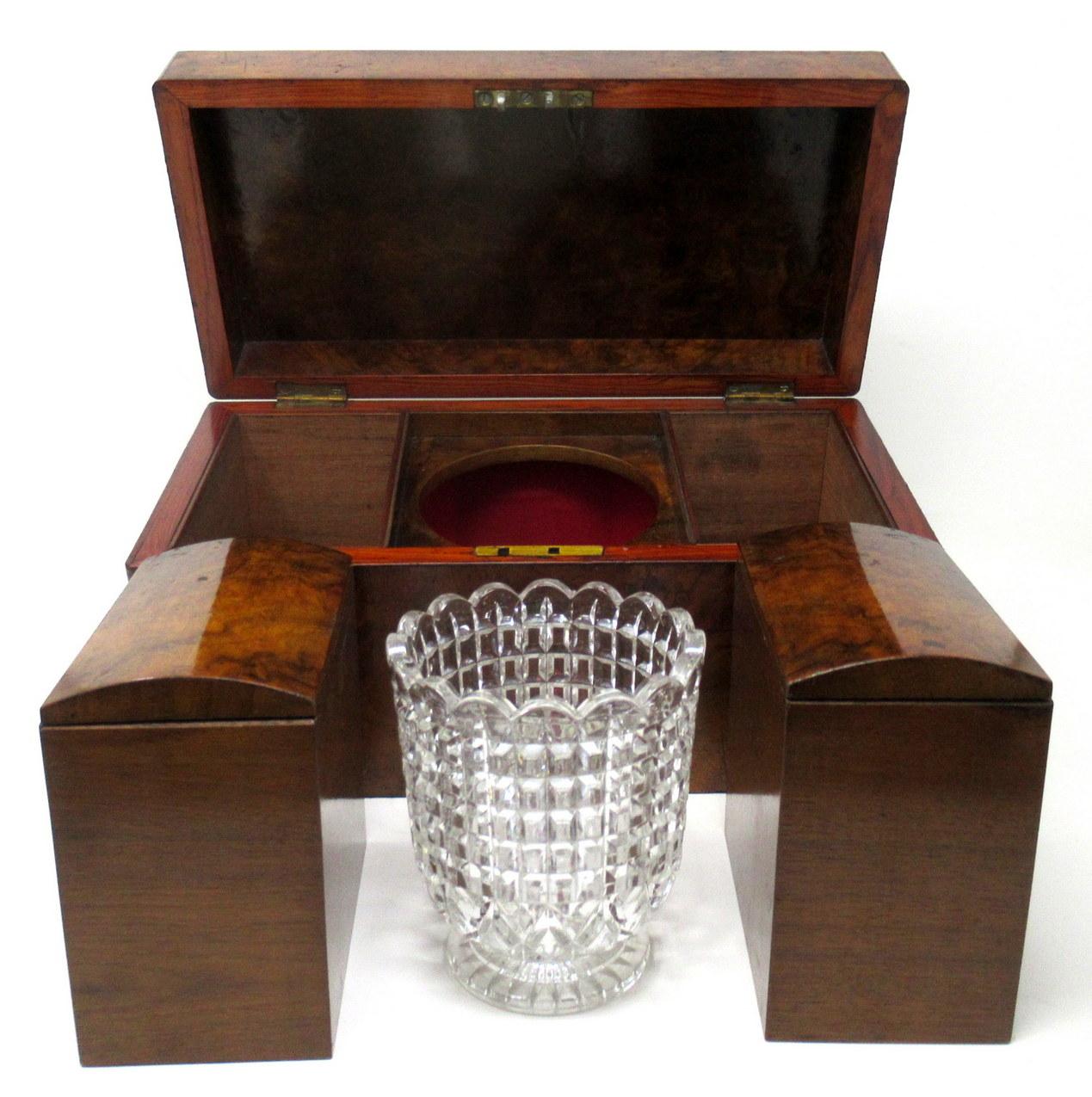 Antique Georgian Burl Walnut English Double Tea Caddy Box Cut Crystal Bowl 19Ct In Good Condition In Dublin, Ireland