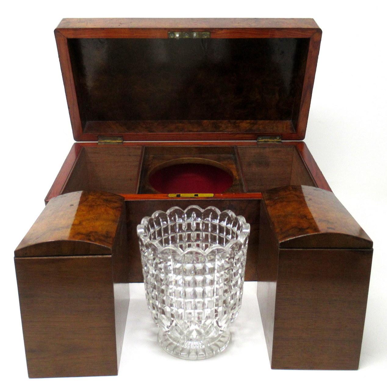 Antique Georgian Burl Walnut English Double Tea Caddy Box Cut Crystal Bowl 19Ct  In Good Condition For Sale In Dublin, Ireland