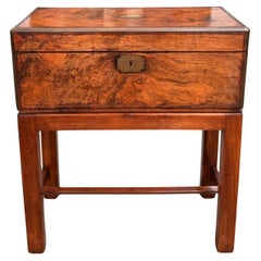 Antique Georgian Burl Walnut Lap Desk Box on Stand Side Table