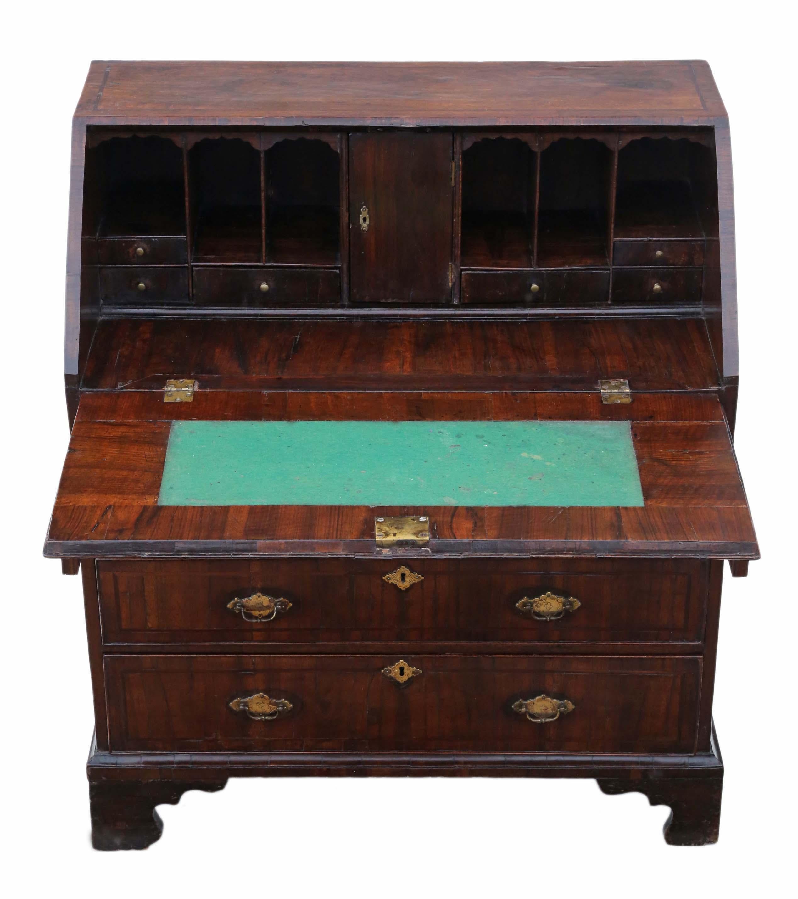 Antique Georgian C1790 walnut bureau desk writing table 18th century.

This is a lovely bureau, that is full of age, charm and character. Attractive line inlay and crossbanding. The veneers have the typical 18th Century unevenness that looks