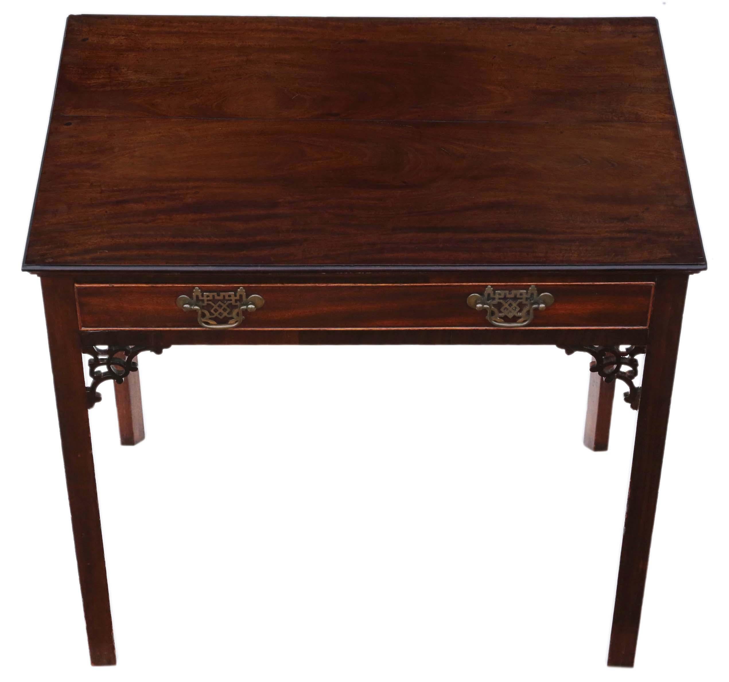 Antique fine quality Georgian circa 1800 Cuban mahogany writing side table desk. Chinese (Chinoiserie) or Oriental styling.

Solid and no loose joints. Full of age, character and charm. The drawer slides freely. A rare and attractive