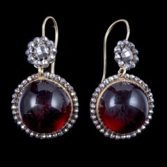 Antique Georgian Cabochon Red Paste Earrings Cut Steel Silver, circa 1830