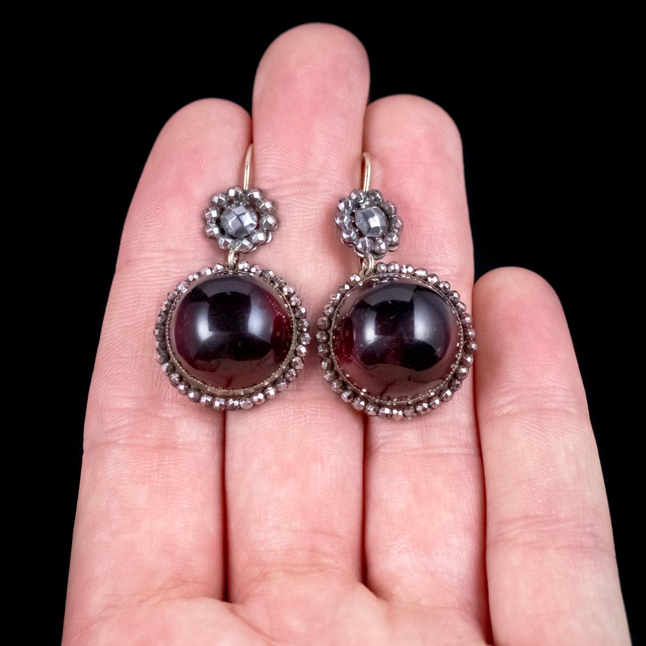 Antique Georgian Cabochon Red Paste Earrings Cut Steel Silver, circa 1830 For Sale 2