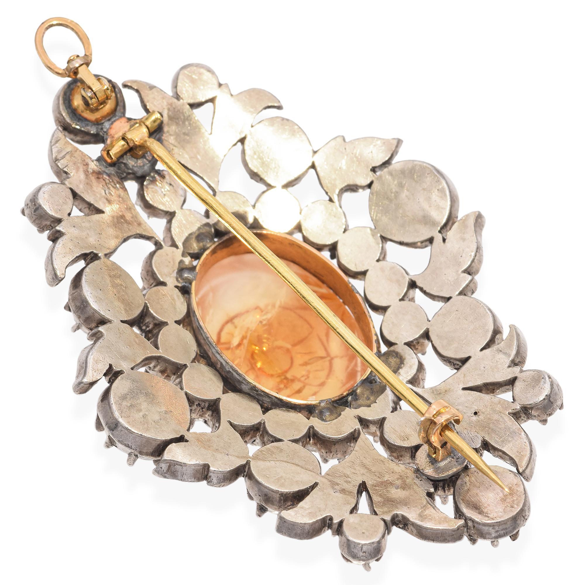 Antiguo broche georgiano de citrino tallado y diamantes talla rosa en Bueno Estado en New York, NY