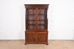 Antique Georgian Carved Flame Mahogany Breakfront Bookcase Cabinet, Circa 1900