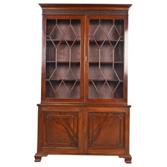 Antique Georgian Carved Flame Mahogany Breakfront Bookcase Cabinet, Circa 1900
