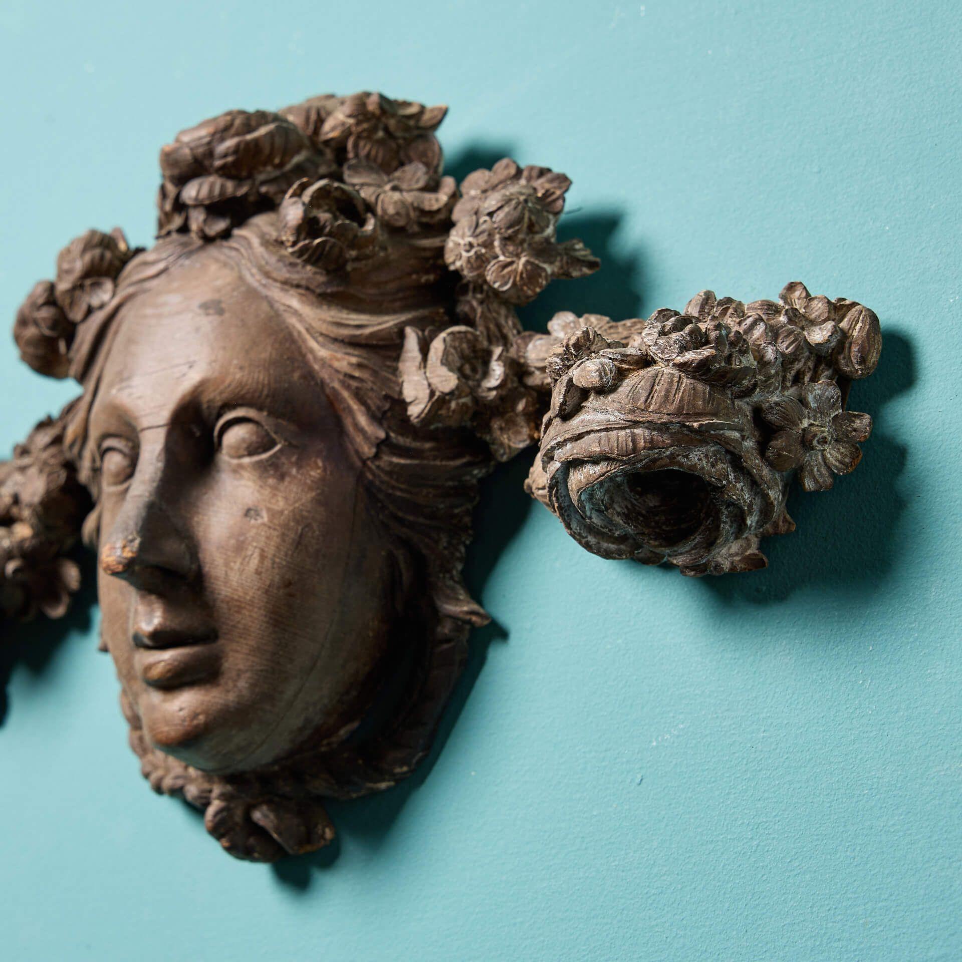 English Antique Georgian Carved Pine Mask Wall Hanging