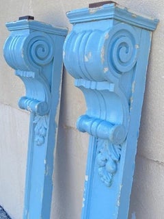 Antique Georgian Carved Wood Blue Paint Mantel 53" Column Pillar Fireplace Pair