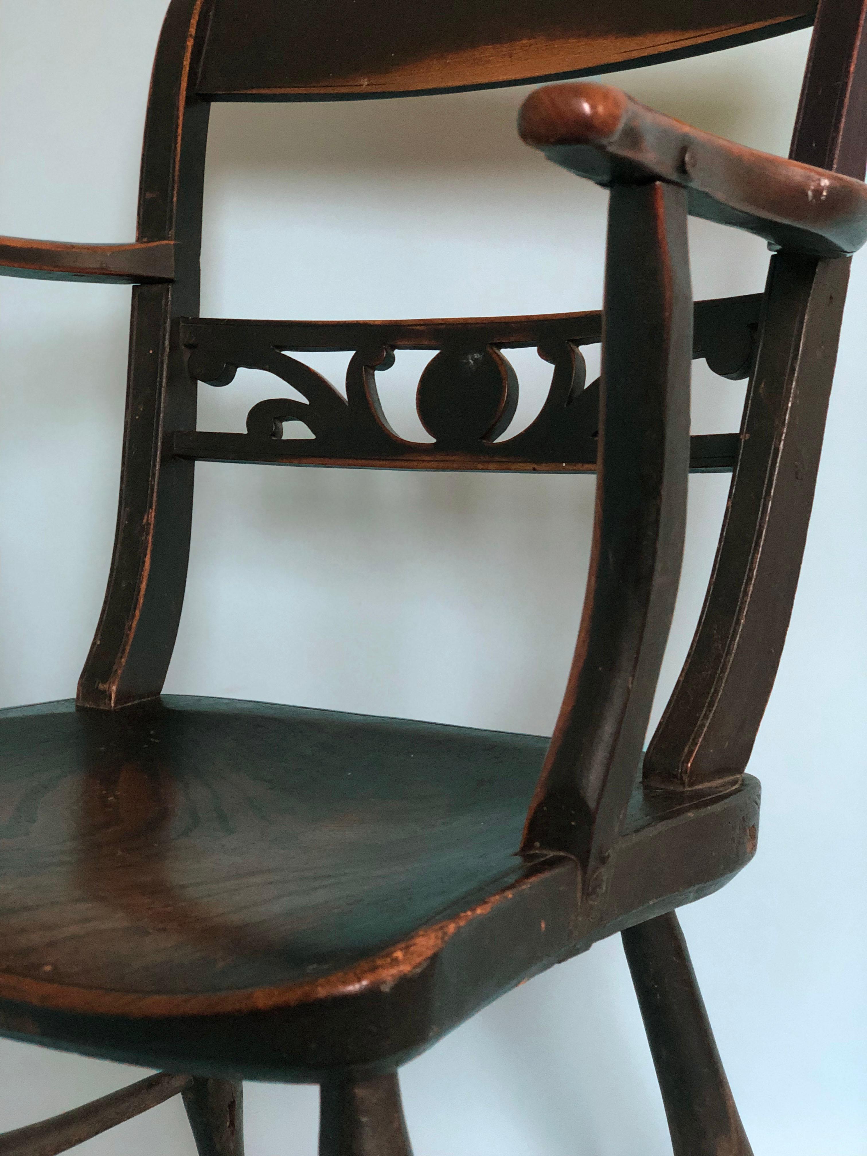 A very old and beautifully weathered Geogian chair from England, early 19th century. Handmade and carved chair that is painted black. The sturdy chair is in good condition and reinforced in the early 20th century.



Object: Chair
Design: