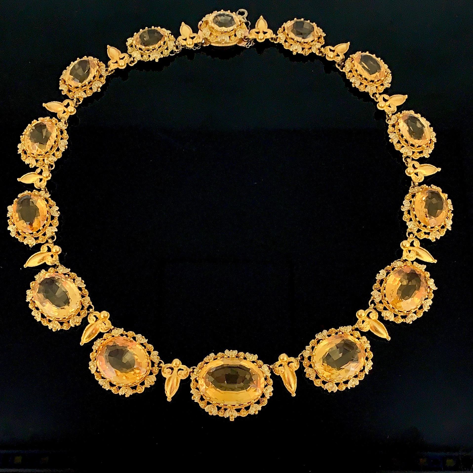 Women's or Men's Antique Georgian Charles X Filigree Citrine Yellow Gold French Necklace