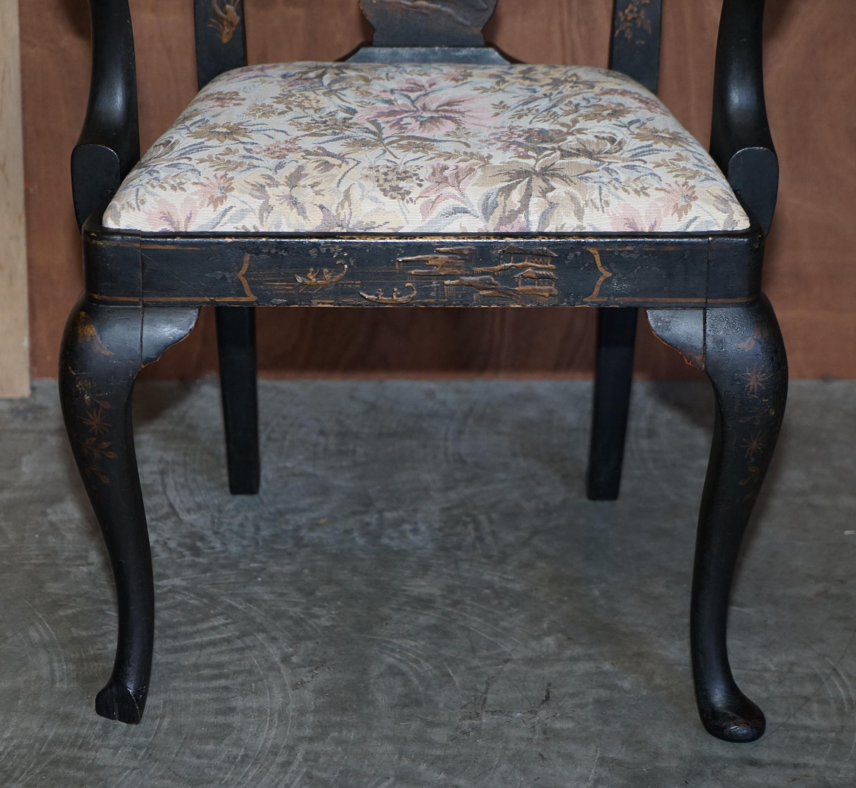 Antique Georgian Chinoiserie Black Lacquer Armchair Original Paint Well Worn For Sale 2