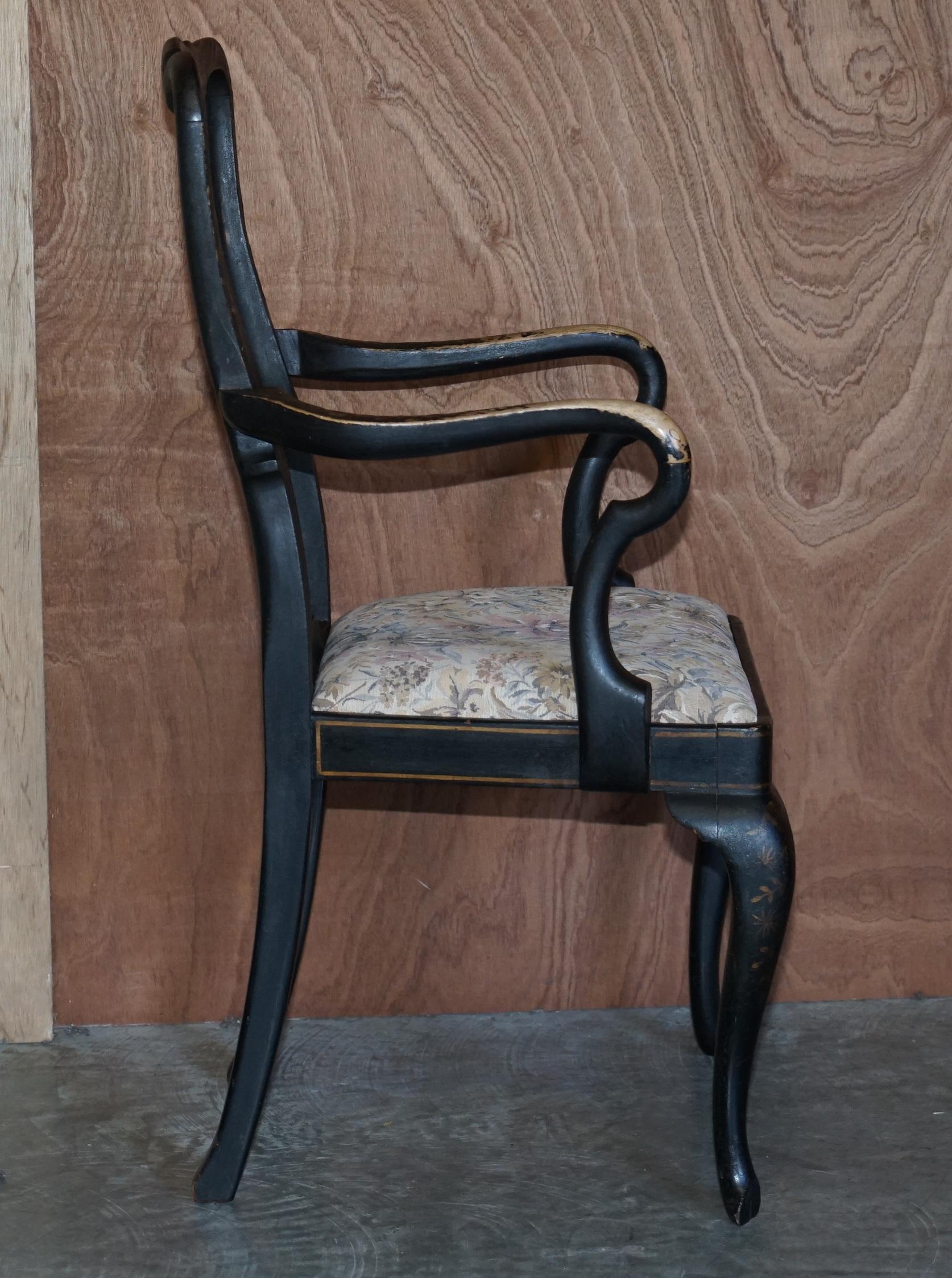 Antique Georgian Chinoiserie Black Lacquer Armchair Original Paint Well Worn For Sale 9