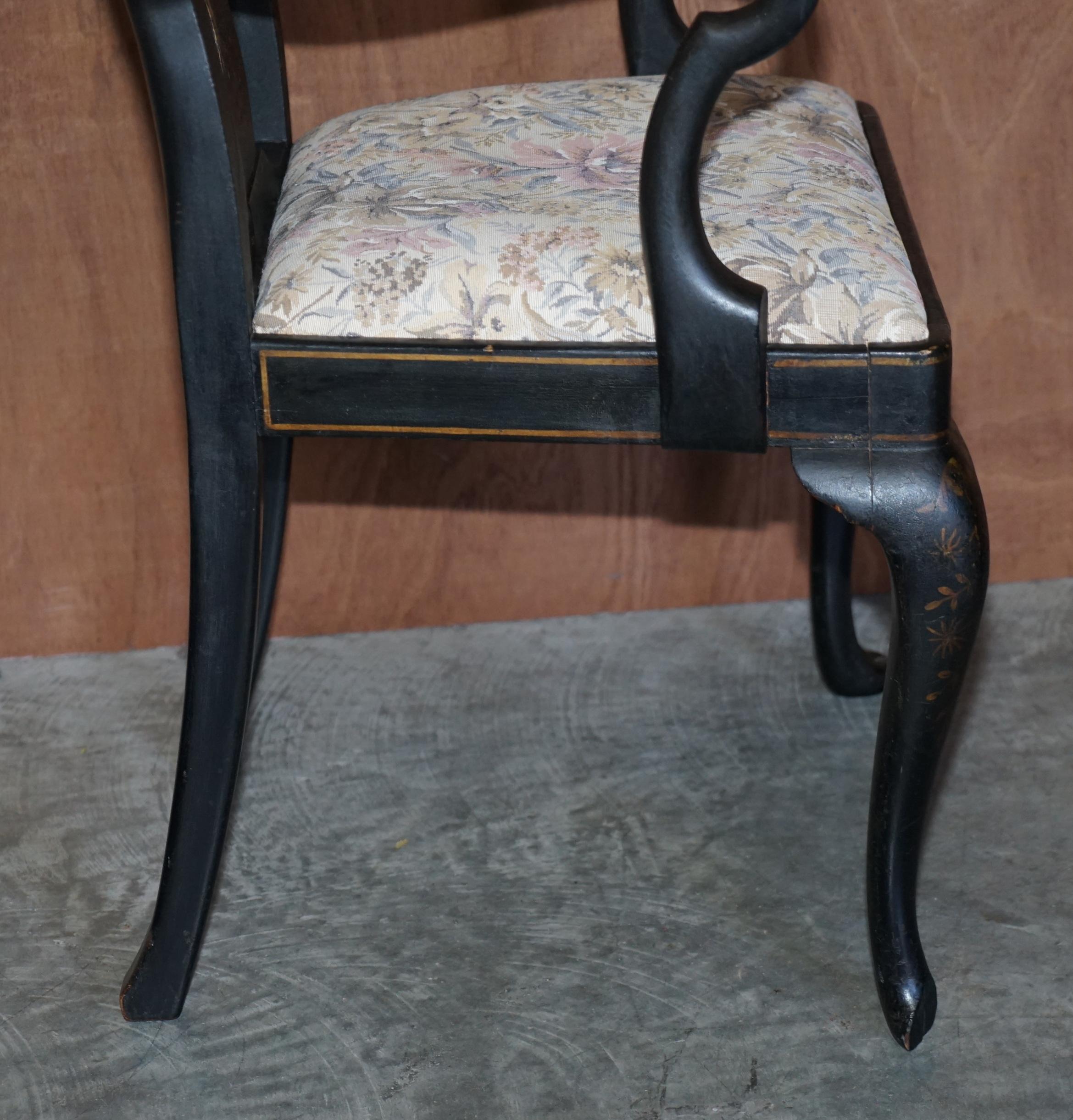 Antique Georgian Chinoiserie Black Lacquer Armchair Original Paint Well Worn For Sale 10