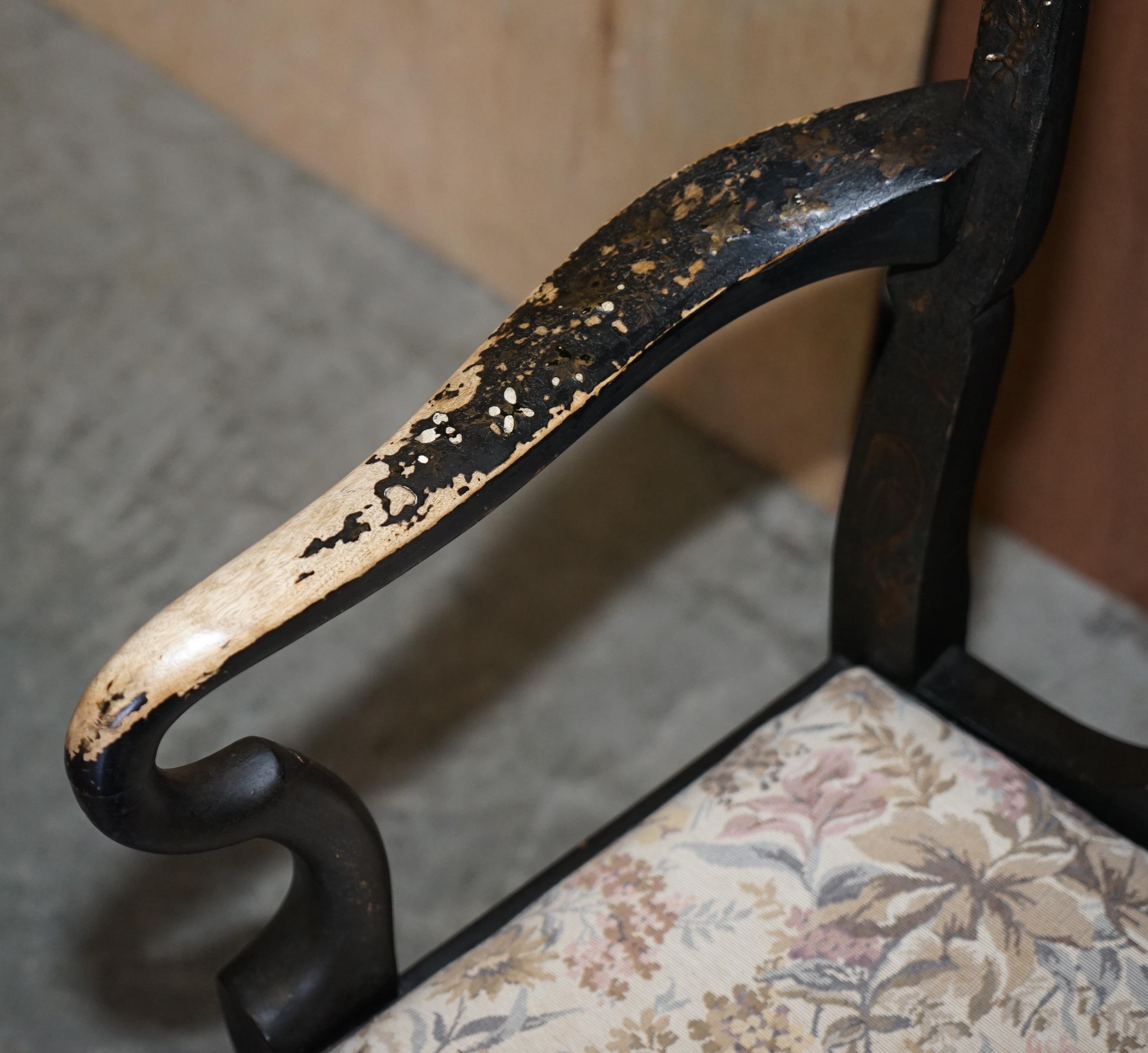 Lacquered Antique Georgian Chinoiserie Black Lacquer Armchair Original Paint Well Worn For Sale