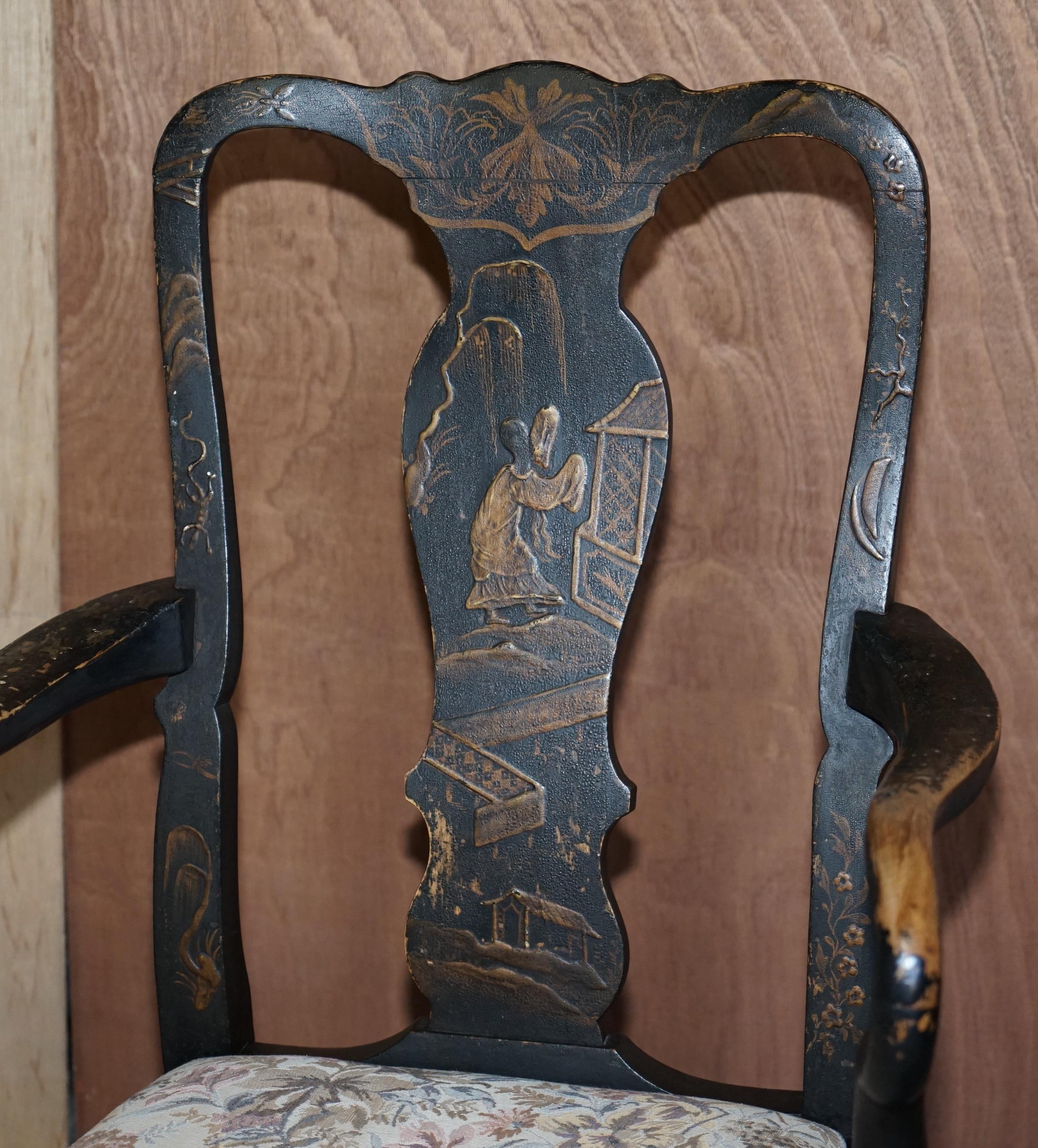 Wood Antique Georgian Chinoiserie Black Lacquer Armchair Original Paint Well Worn For Sale