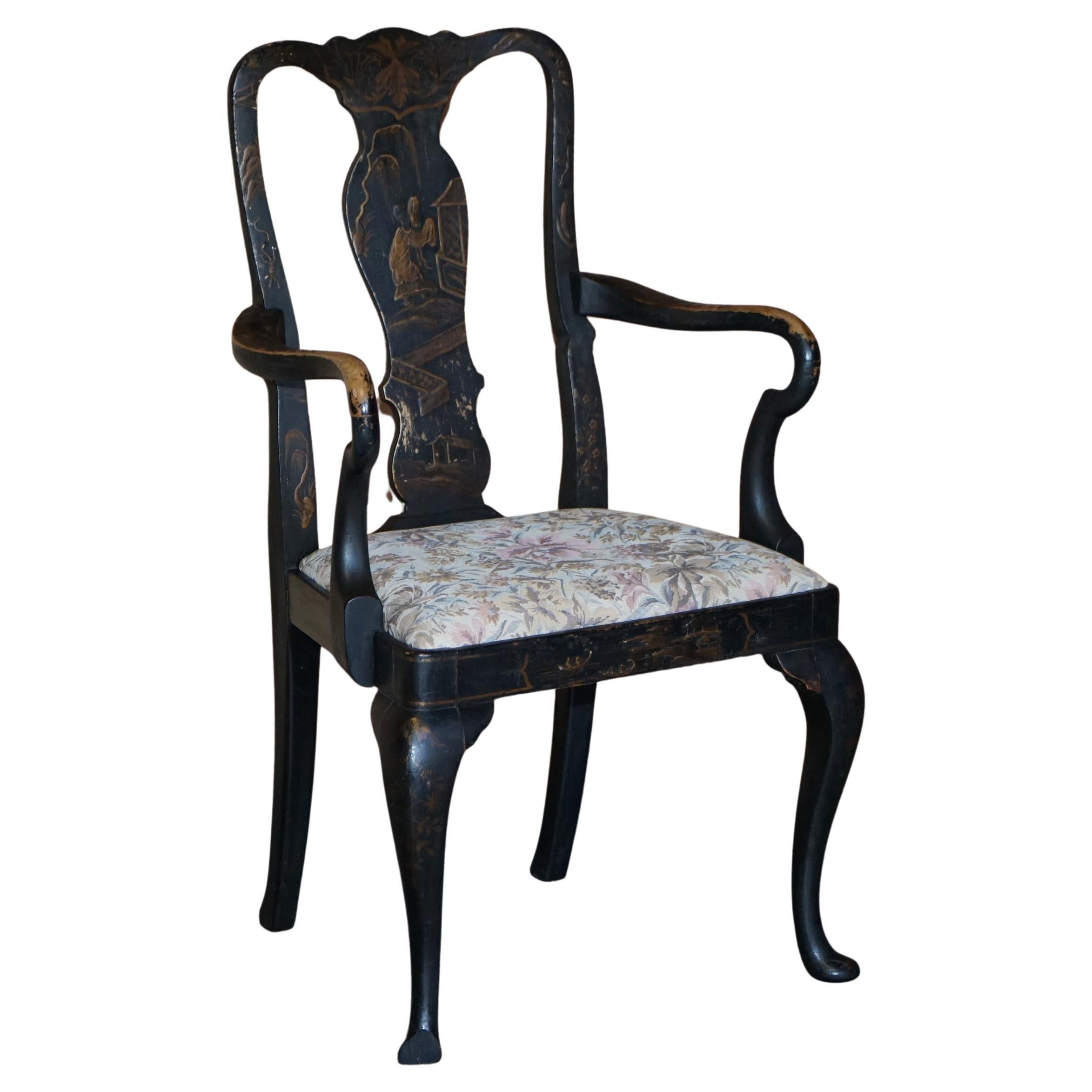 Antique Georgian Chinoiserie Black Lacquer Armchair Original Paint Well Worn For Sale