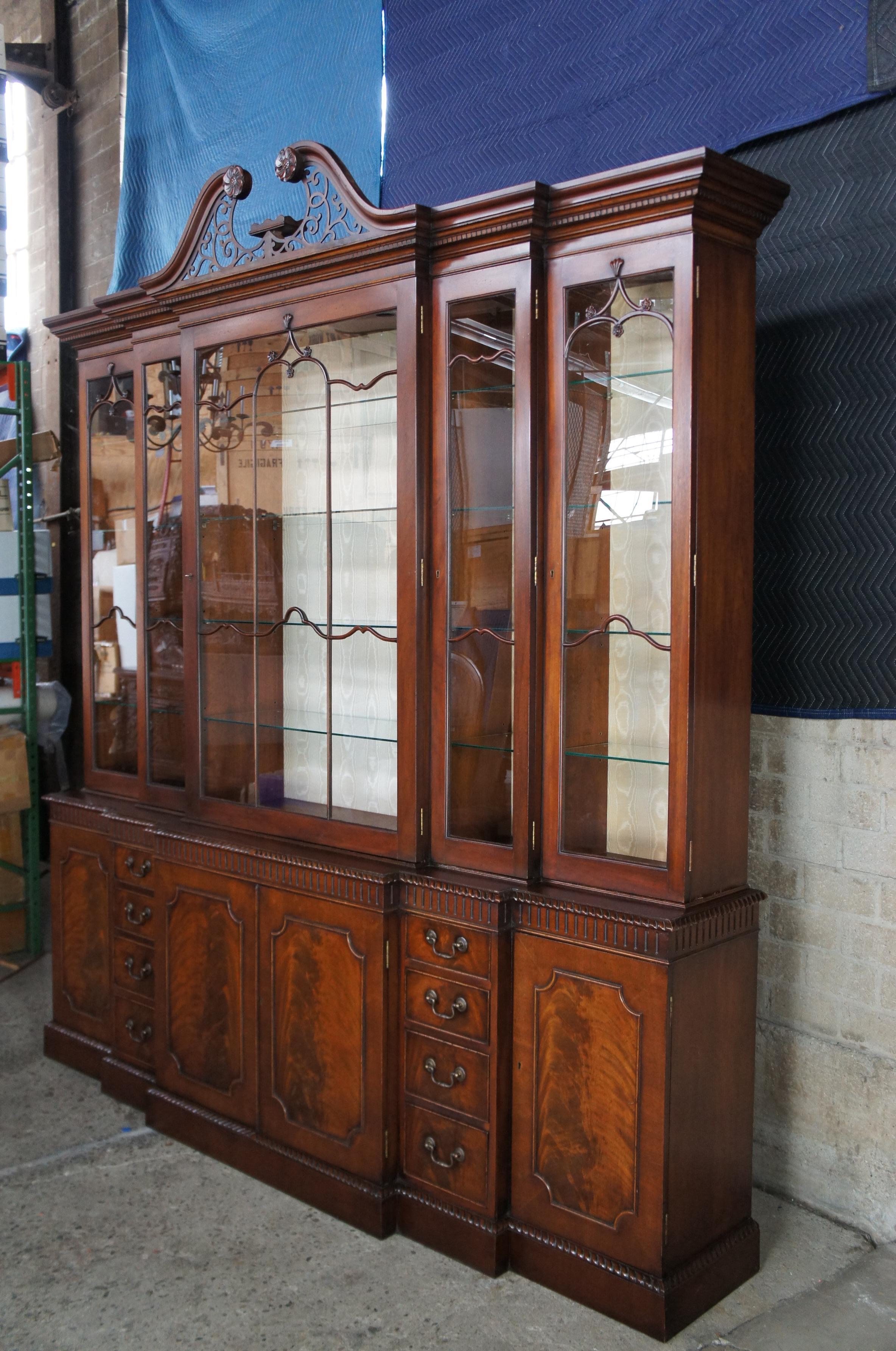 Antique Georgian Chippendale Crotch Mahogany Breakfront China Display Cabinet 6