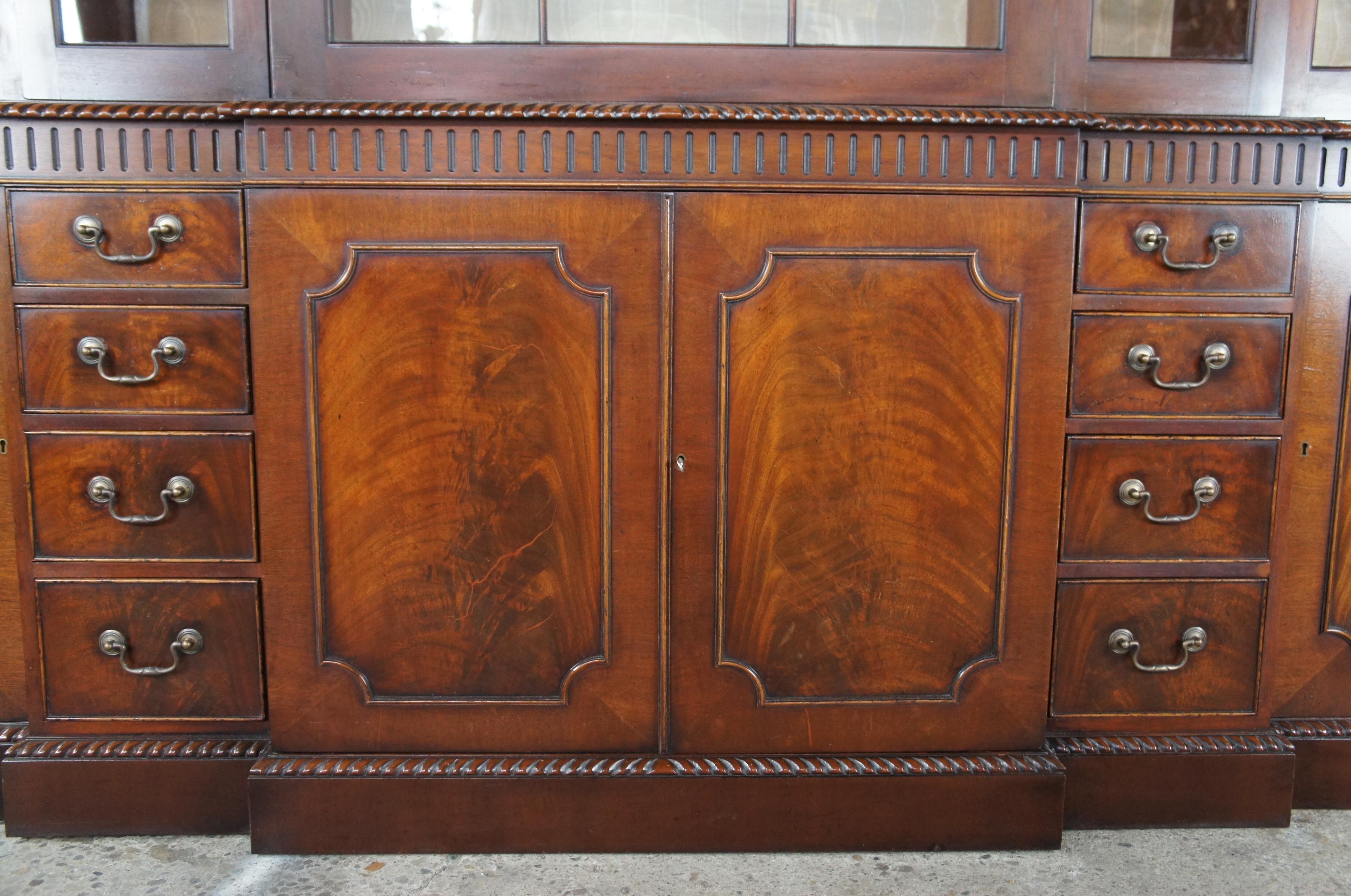 Late 19th Century Antique Georgian Chippendale Crotch Mahogany Breakfront China Display Cabinet