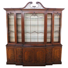 Antique Georgian Chippendale Crotch Mahogany Breakfront China Display Cabinet