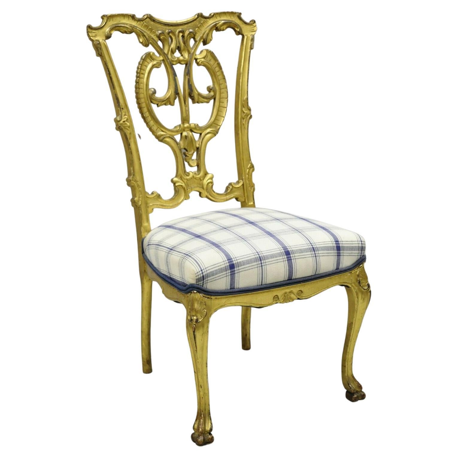 Antique Georgian Chippendale Gold Giltwood Carved Paw Feet Accent Side Chair For Sale