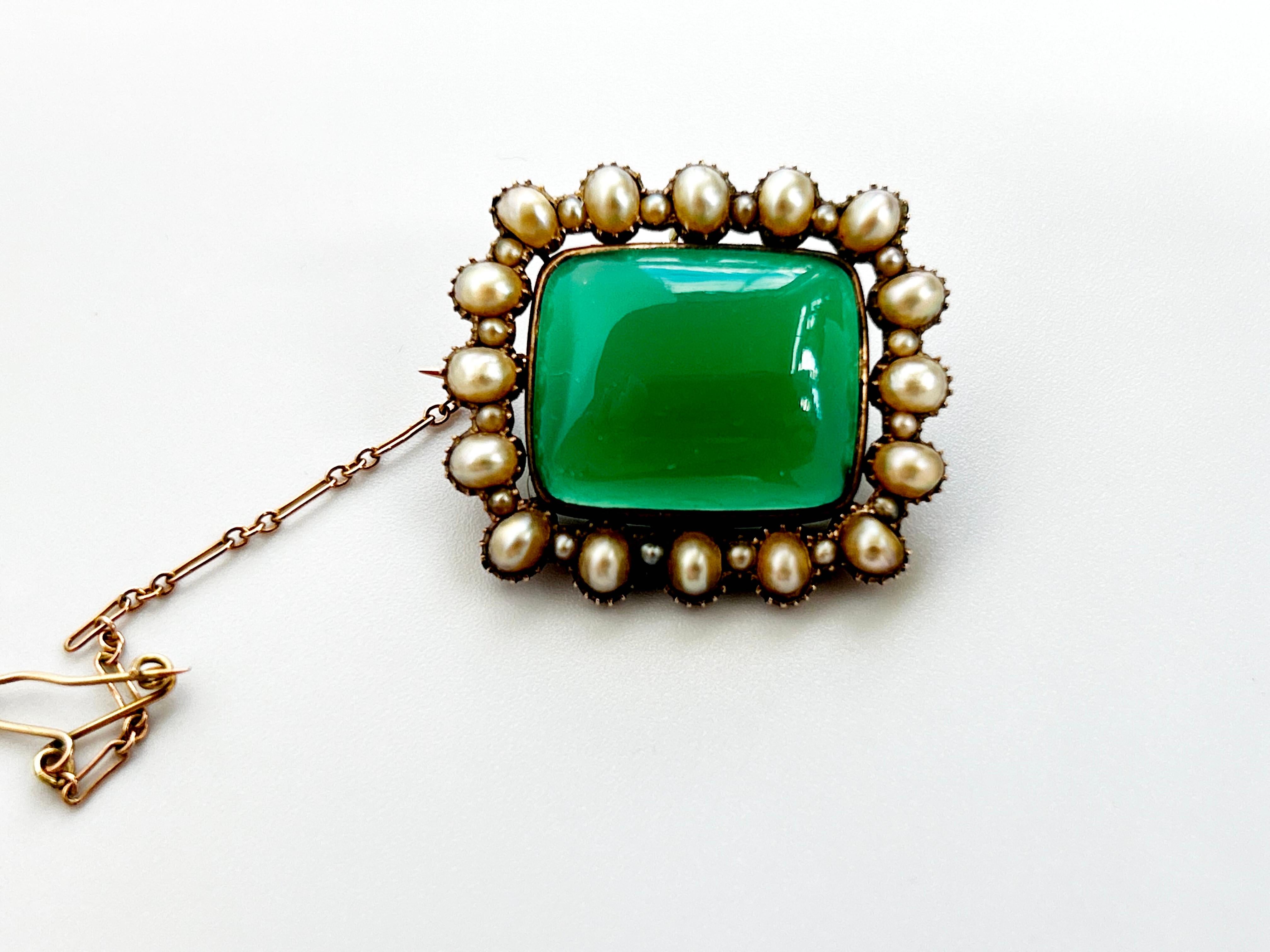 Antique Georgian Chrysoprase Rectangle Cabochon, Natural Pearl & Seed Pearl 1