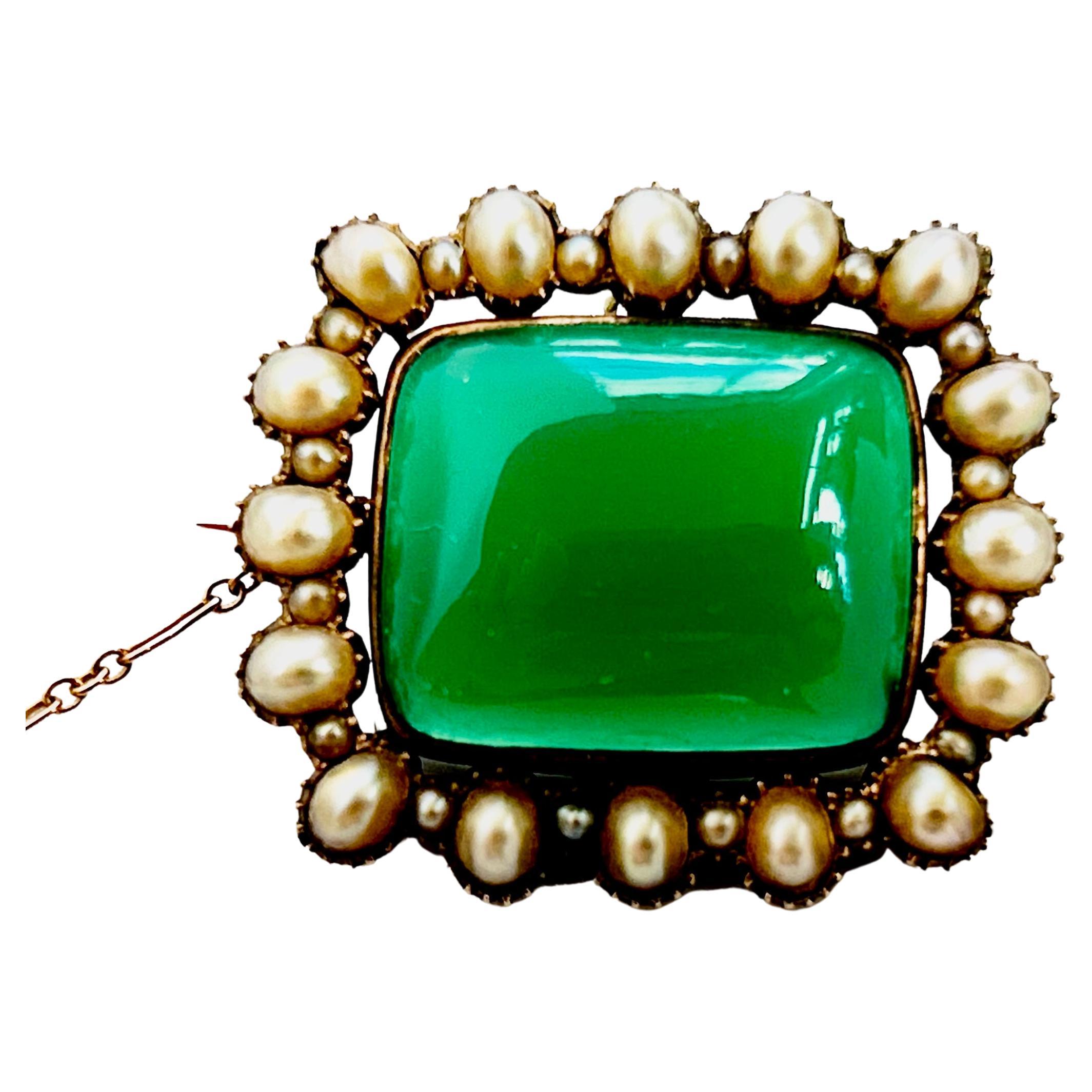 Antique Georgian Chrysoprase Rectangle Cabochon, Natural Pearl & Seed Pearl