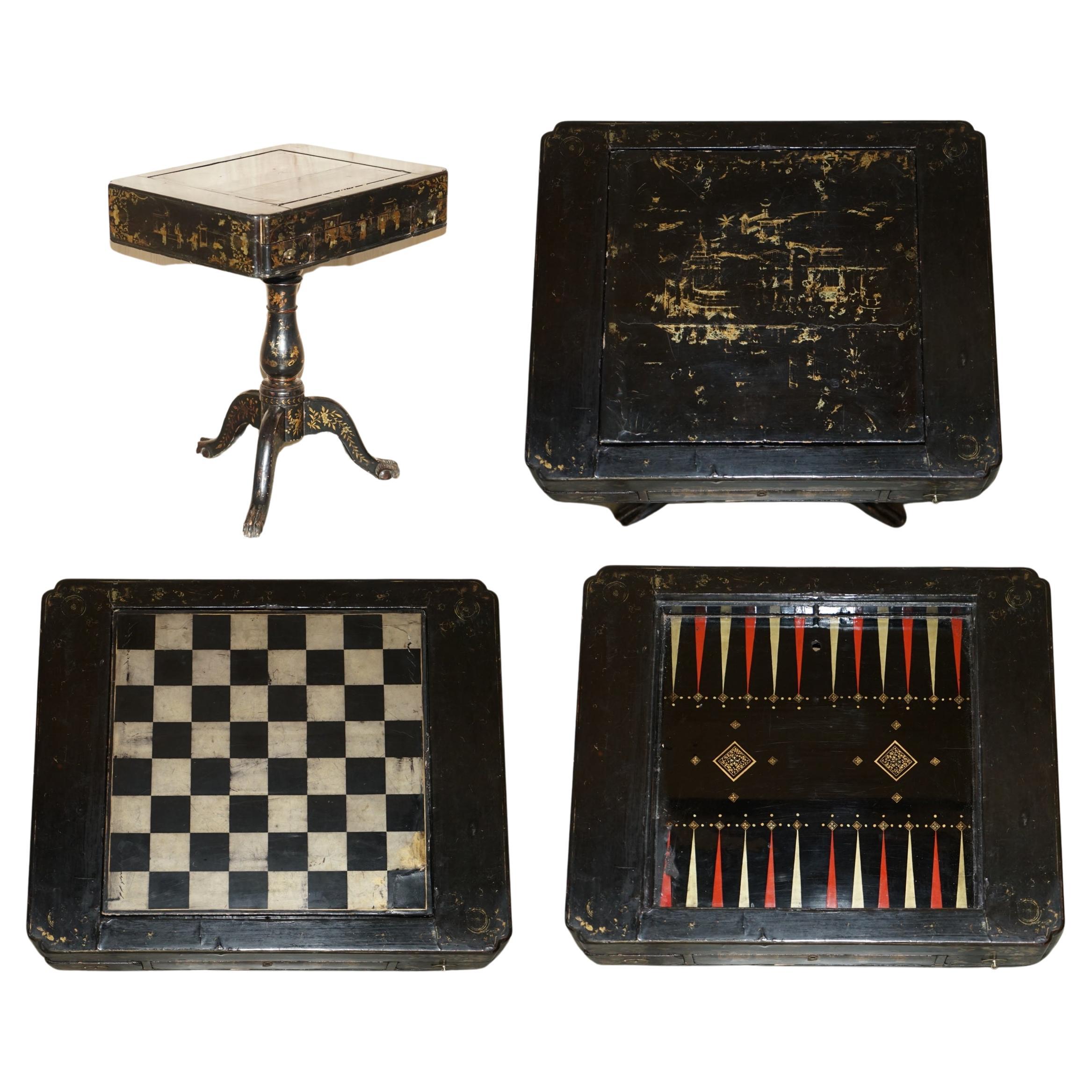 ANTICO TAVOLO GEORGIANO CIRCA 1820 CINOISERIE CHESSBOARD BACKGAMMON in vendita