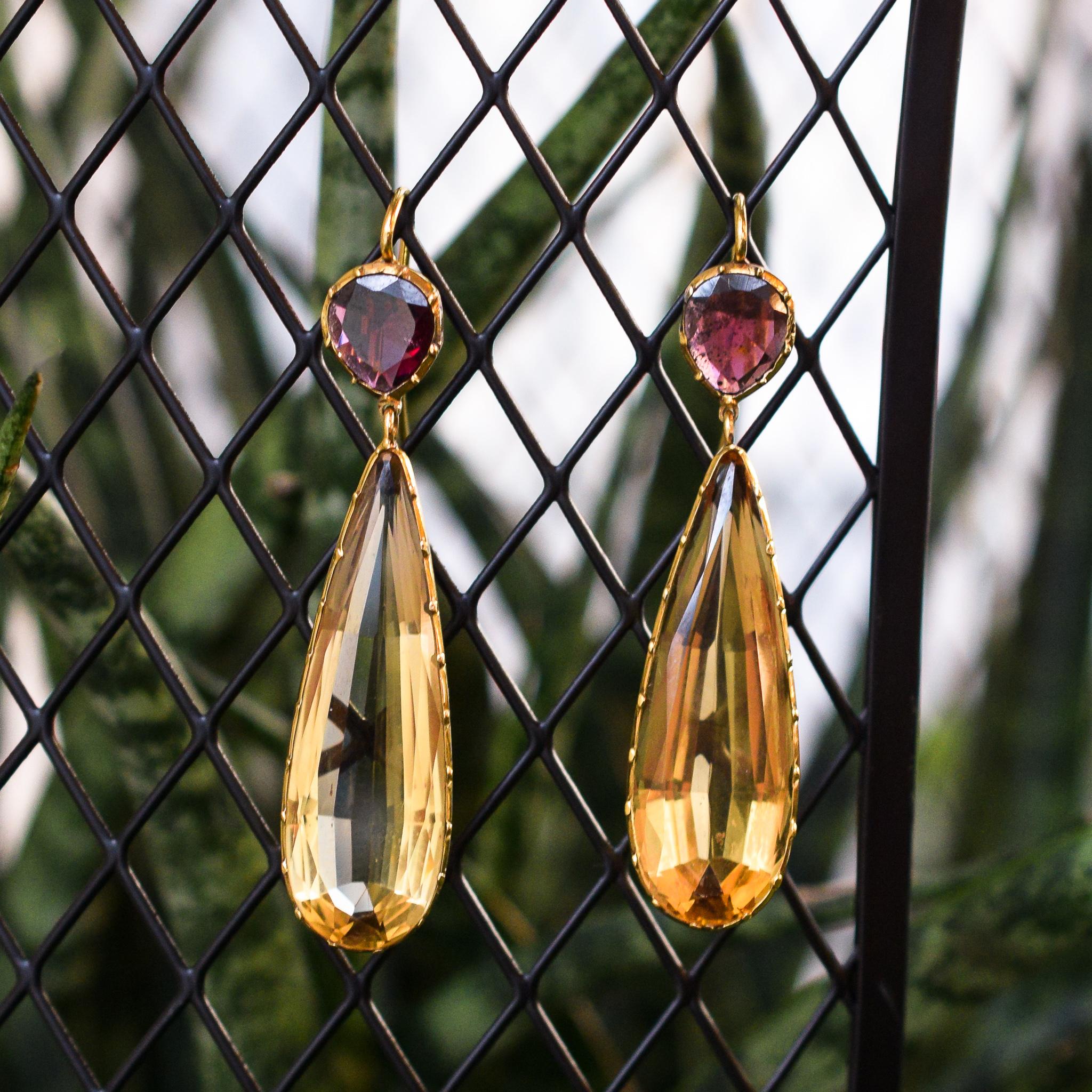 Antique Georgian Citrine Almandine Garnet Drop Earrings In Good Condition In Sale, Cheshire