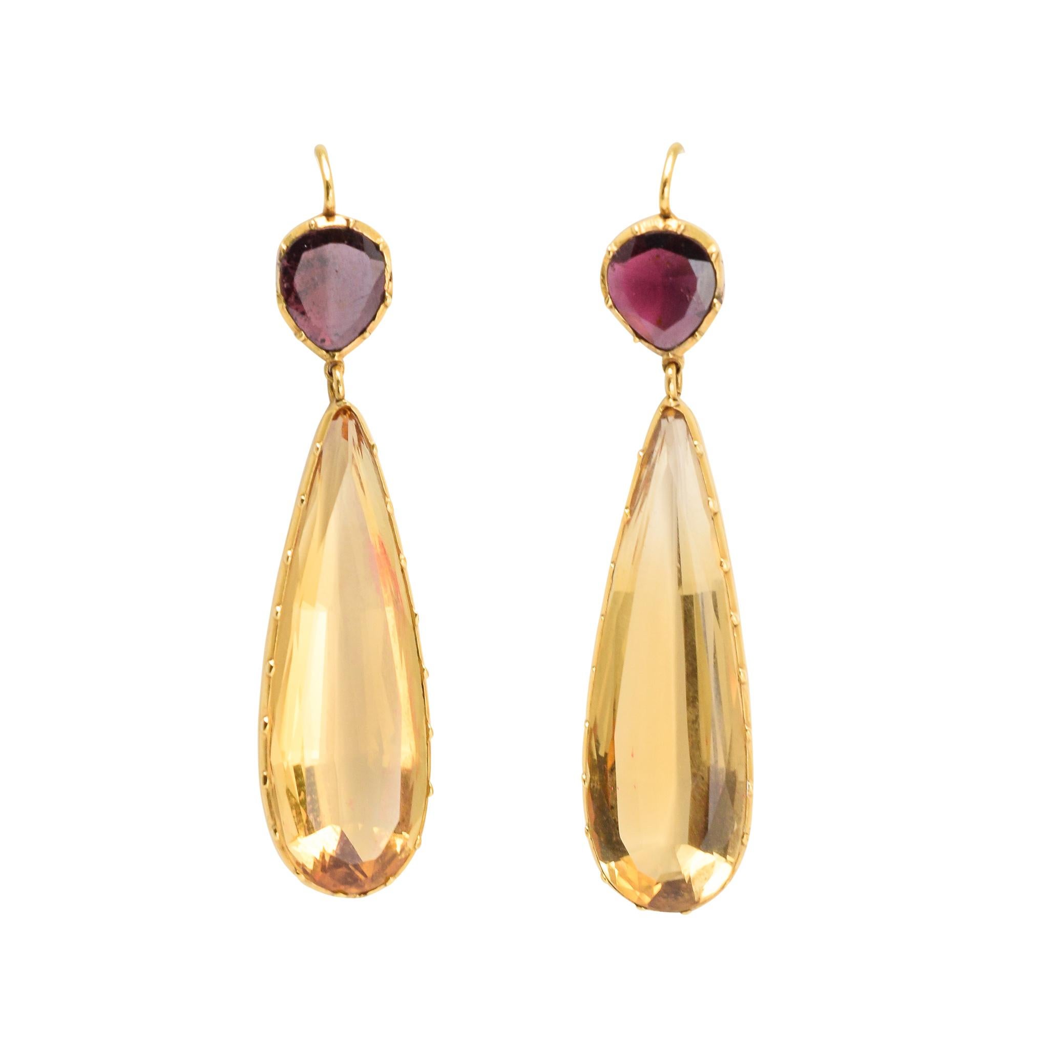 Antique Georgian Citrine Almandine Garnet Drop Earrings