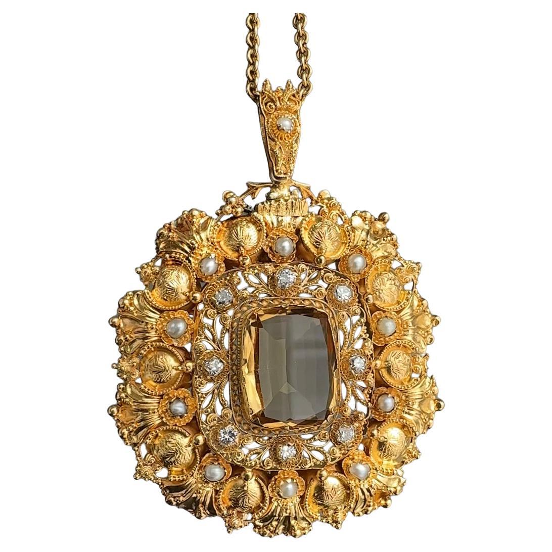 Pendentif géorgien ancien en citrine et cannetille