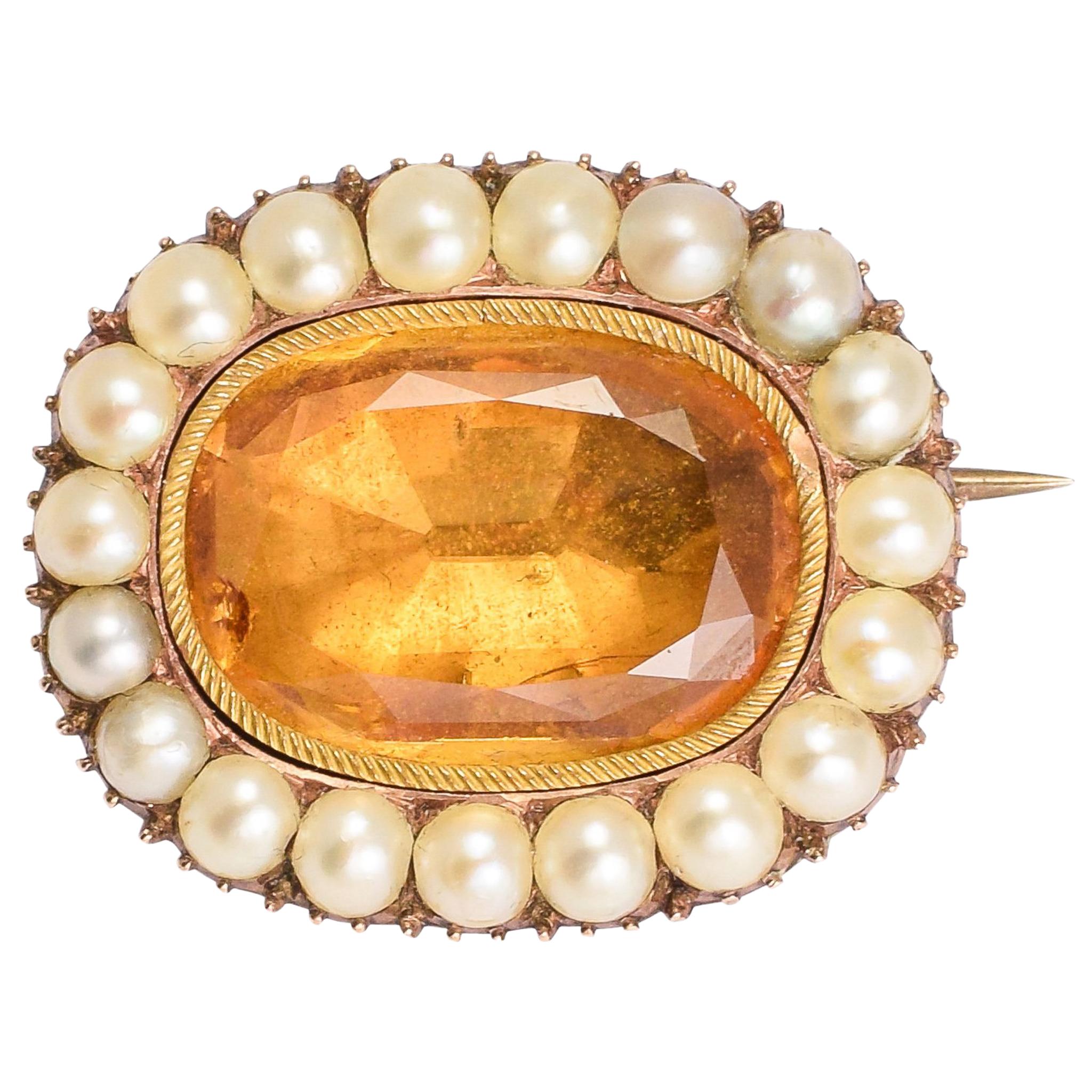 Antique Georgian Citrine Pearl Brooch