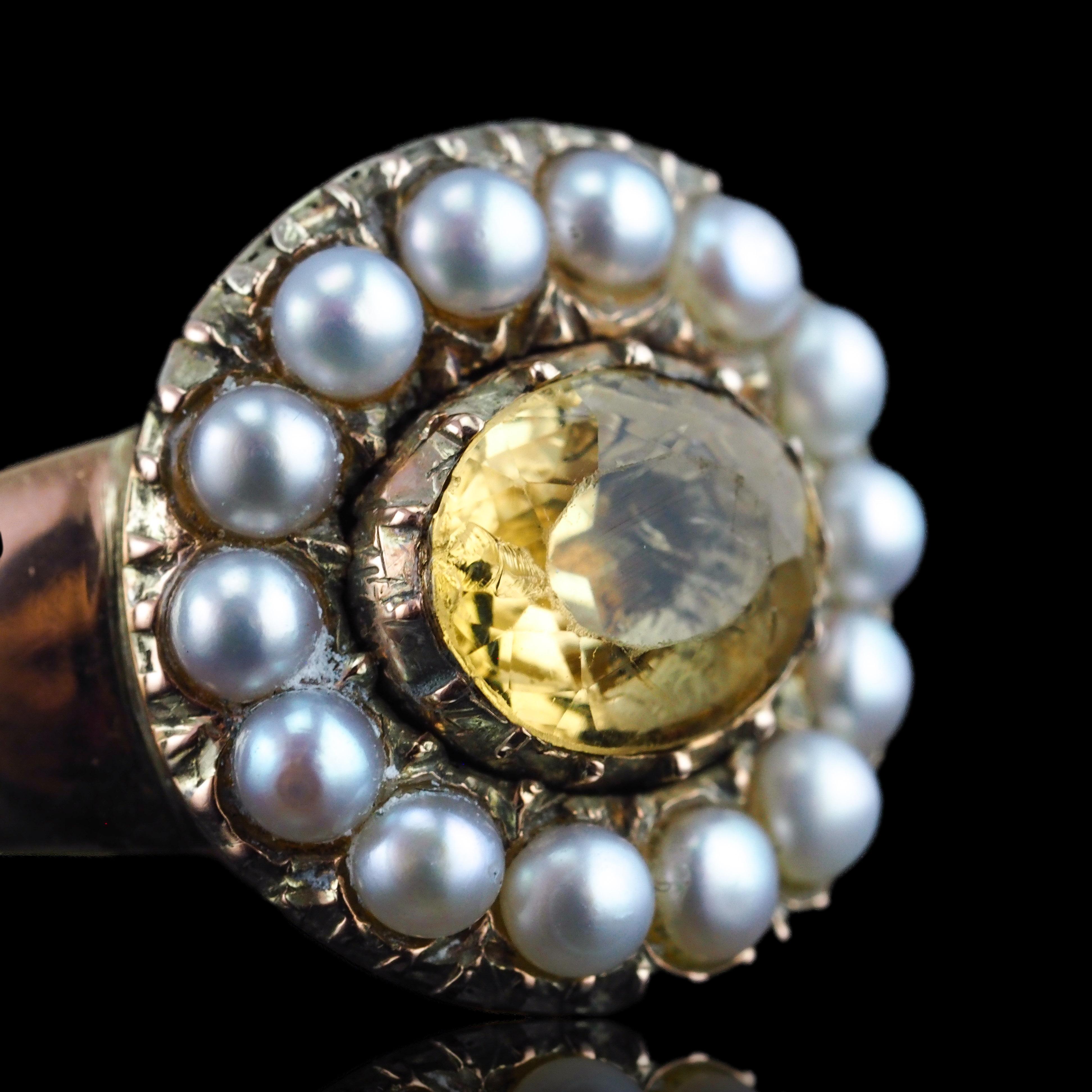 Antiguo Anillo Georgiano de Oro de 14K con Citrino y Perla - c.1800 en venta 5