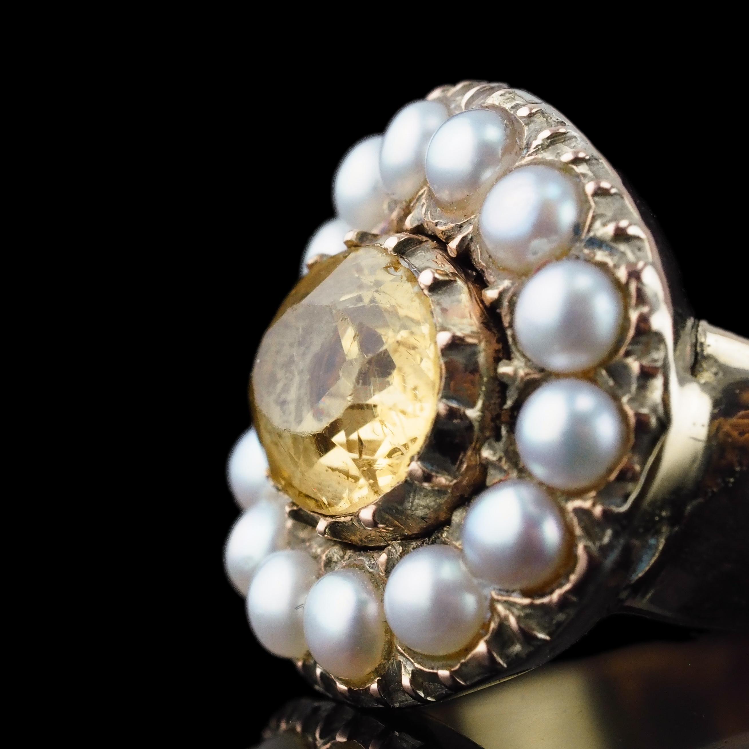 Antiguo Anillo Georgiano de Oro de 14K con Citrino y Perla - c.1800 en venta 7