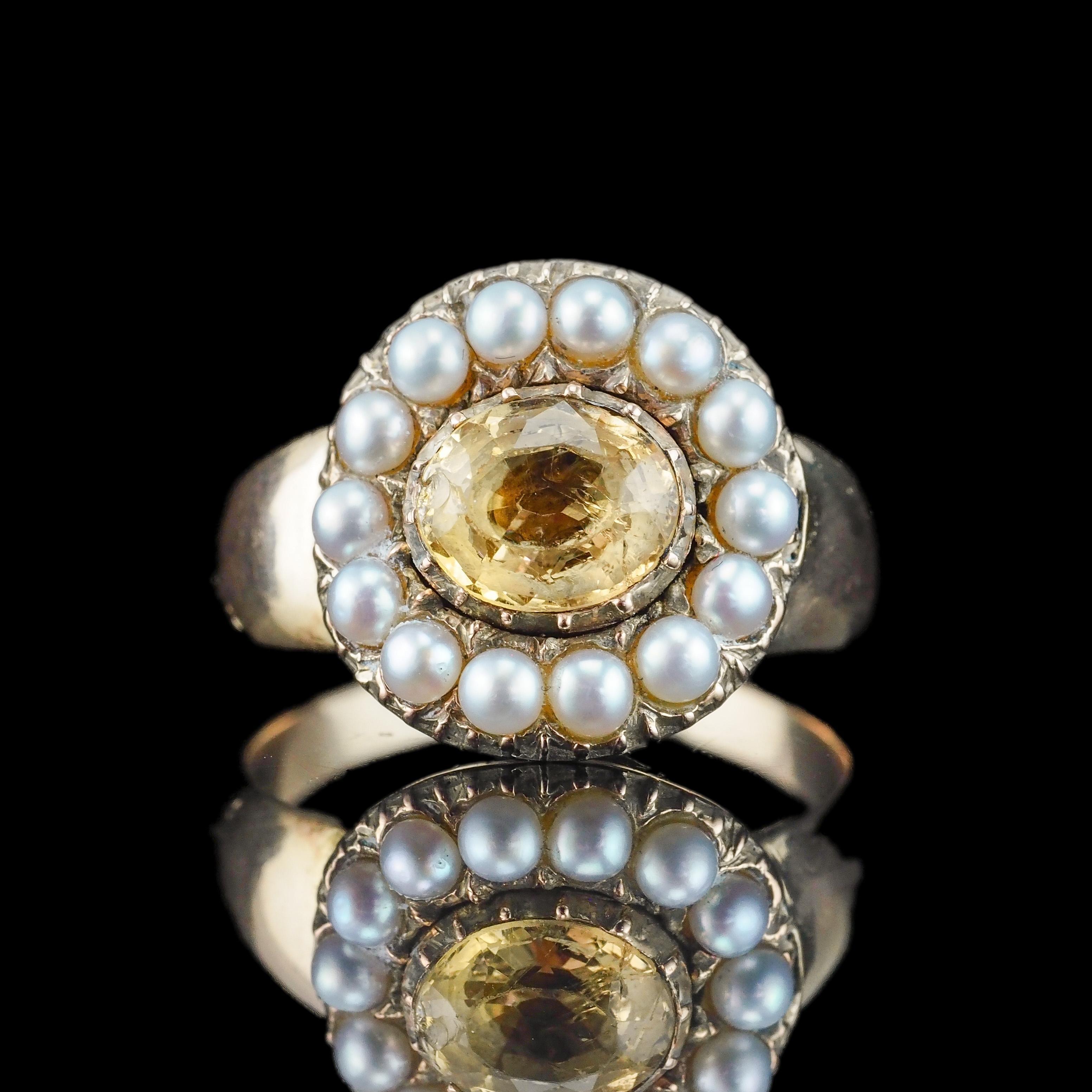 Antiguo Anillo Georgiano de Oro de 14K con Citrino y Perla - c.1800 en venta 8