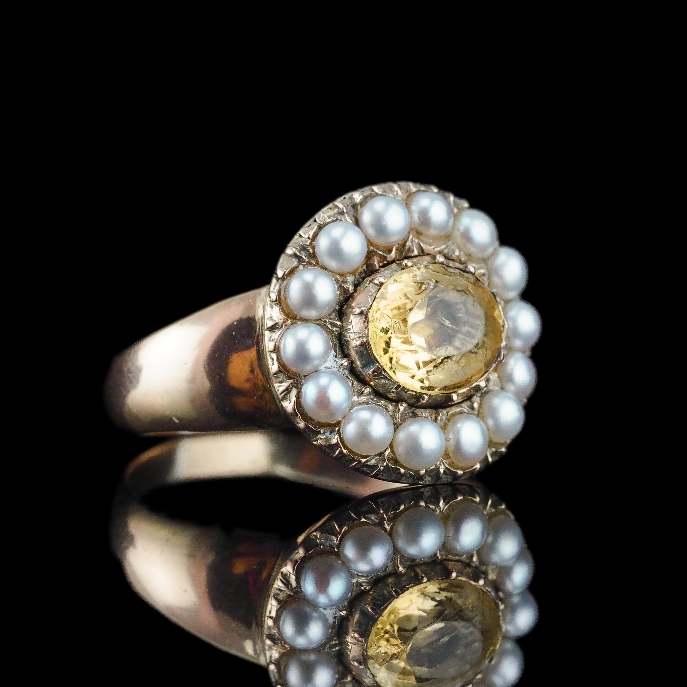 Antiguo Anillo Georgiano de Oro de 14K con Citrino y Perla - c.1800 en venta 10