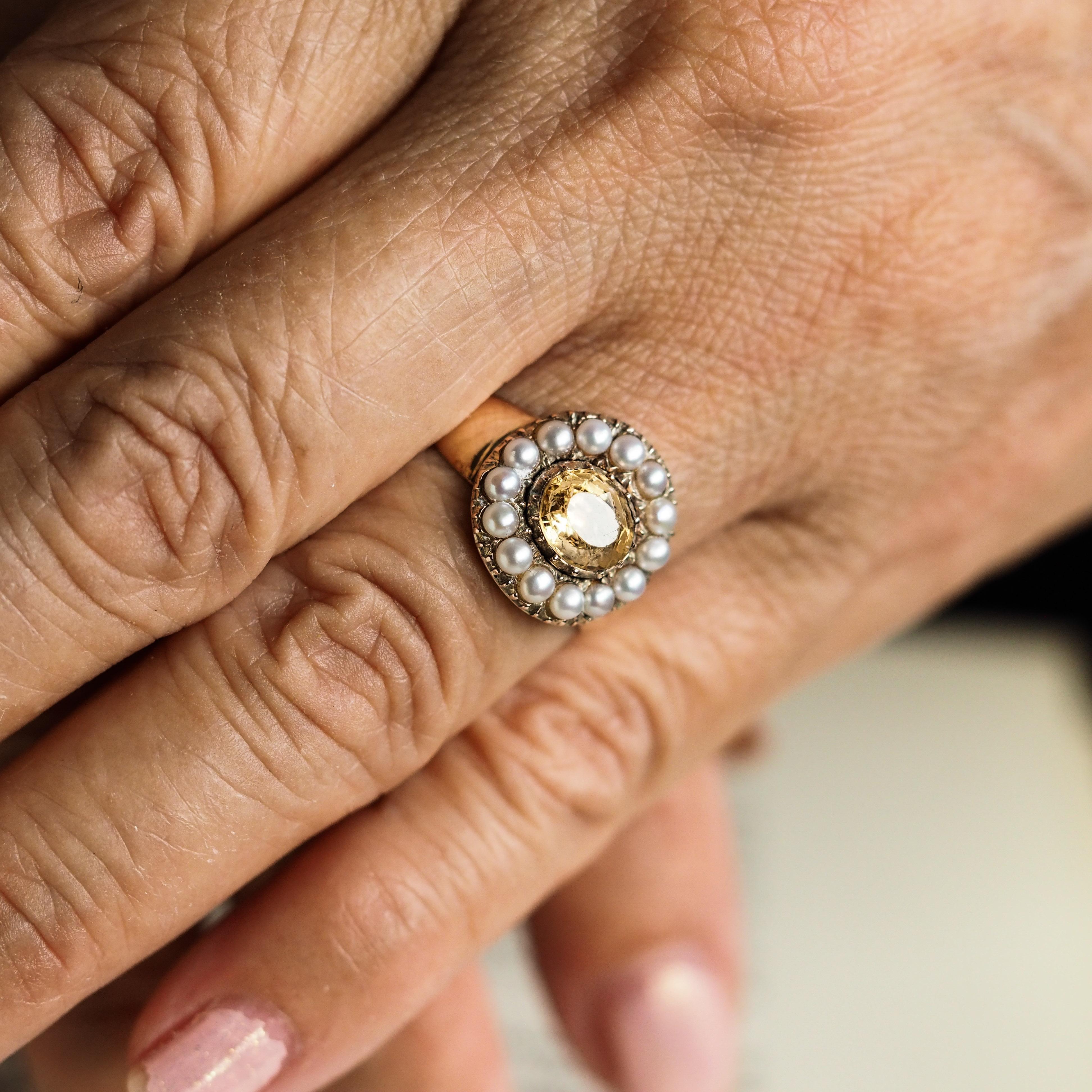 Antiguo Anillo Georgiano de Oro de 14K con Citrino y Perla - c.1800 en venta 14