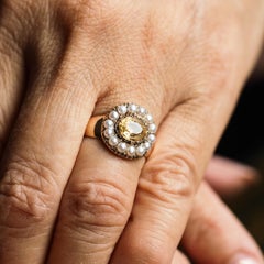 Antique Georgian Citrine & Pearl Cluster Ring 14K Gold - c.1800