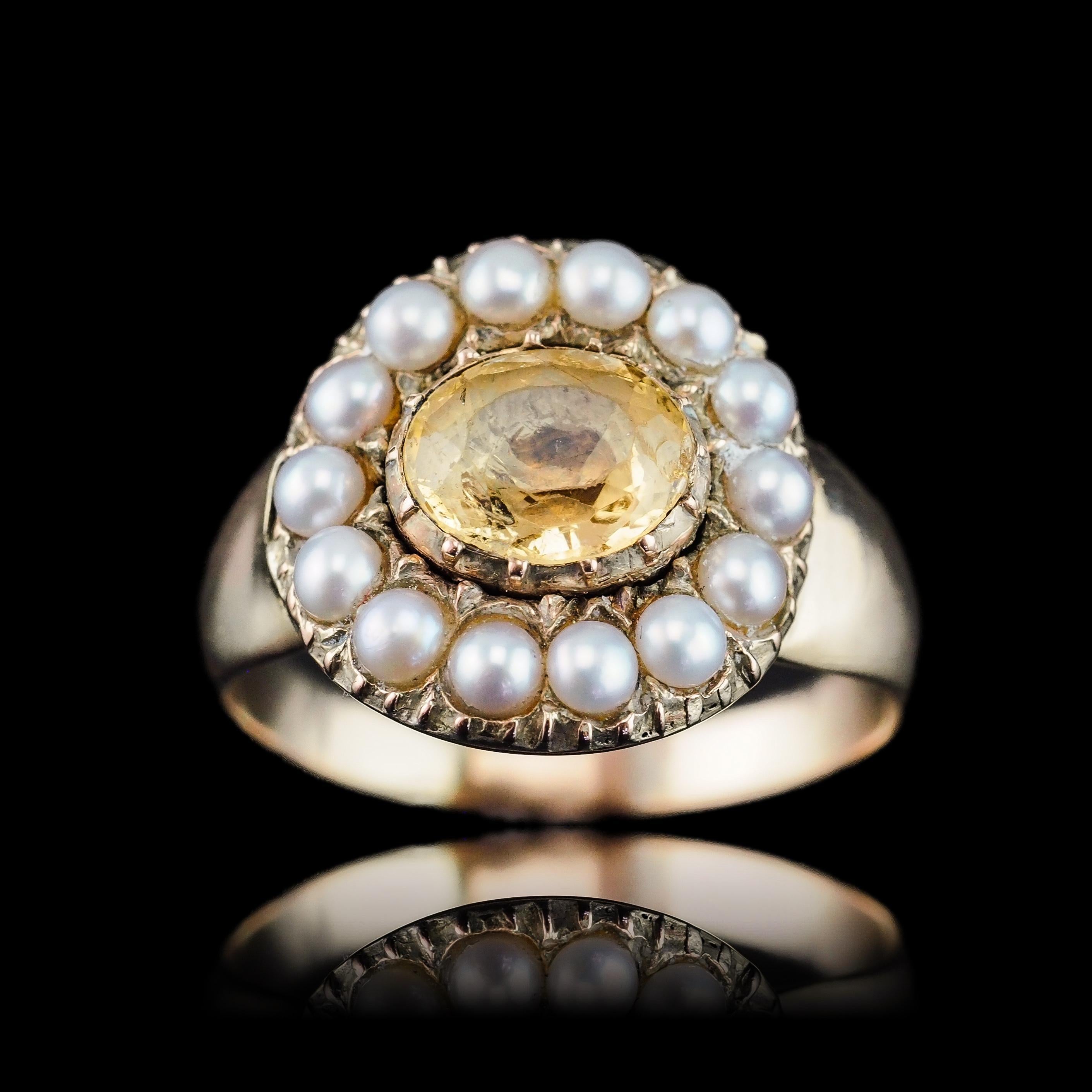 Antiguo Anillo Georgiano de Oro de 14K con Citrino y Perla - c.1800 en Bueno estado para la venta en London, GB