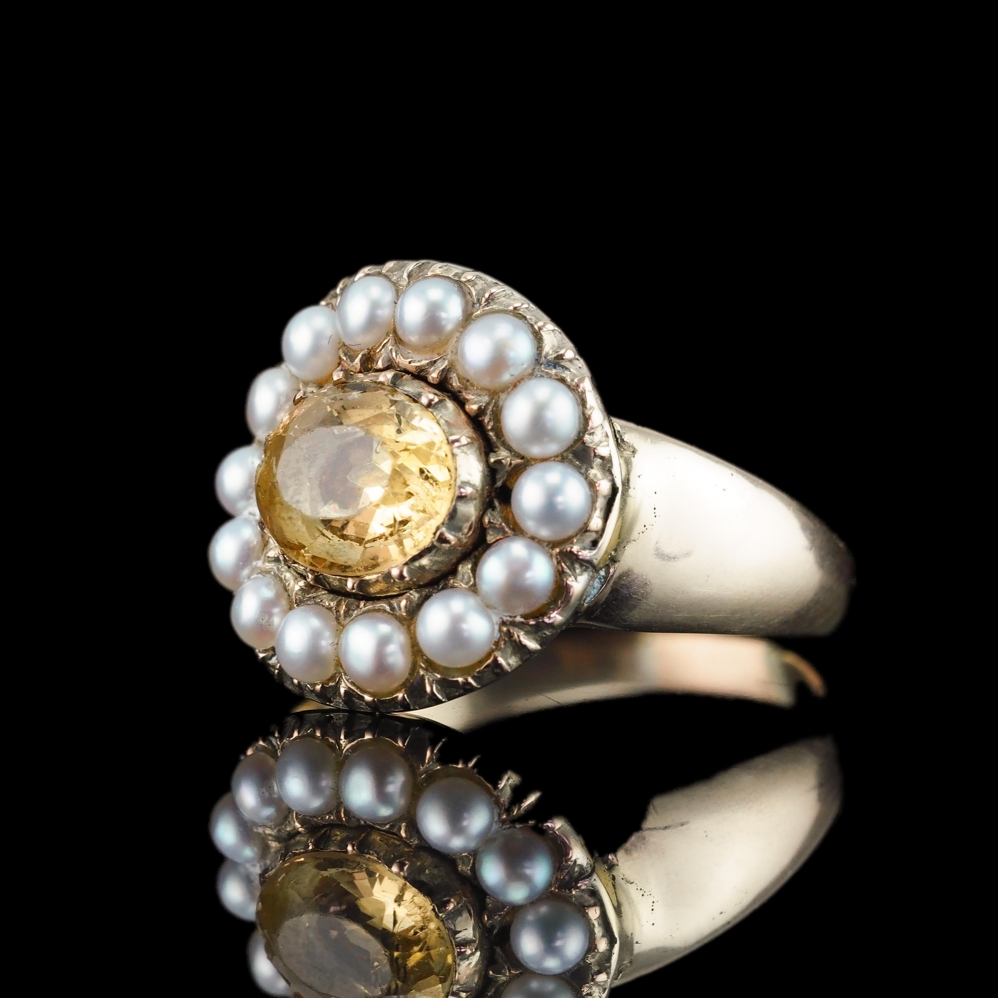 Antiguo Anillo Georgiano de Oro de 14K con Citrino y Perla - c.1800 en venta 1