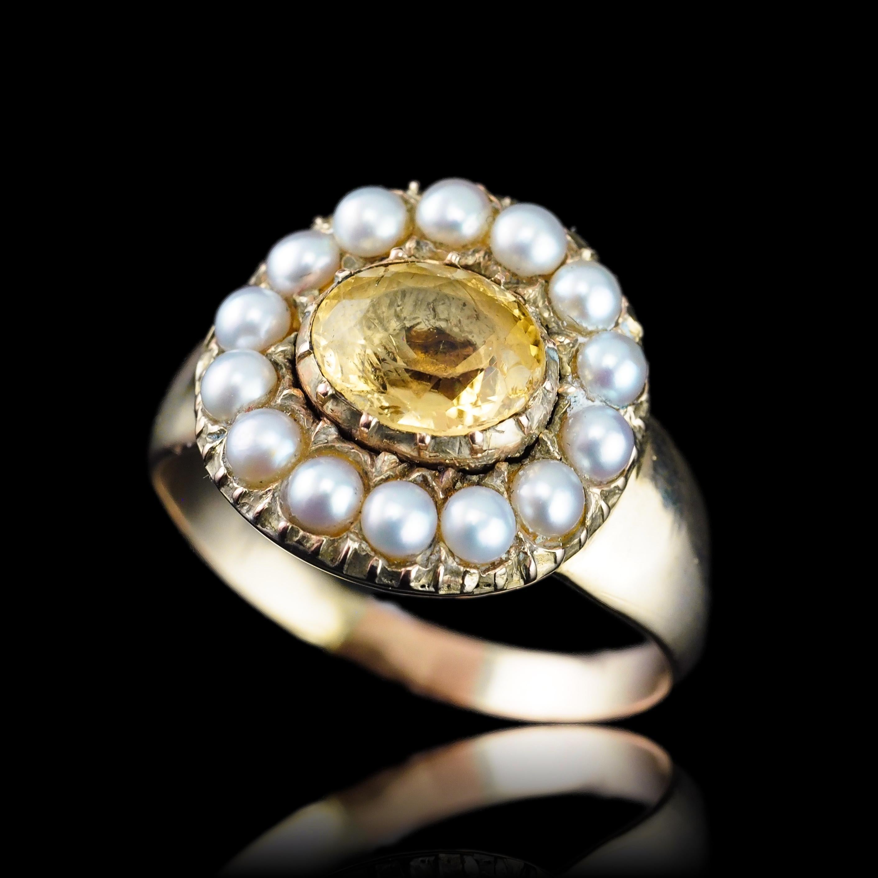 Antiguo Anillo Georgiano de Oro de 14K con Citrino y Perla - c.1800 en venta 3