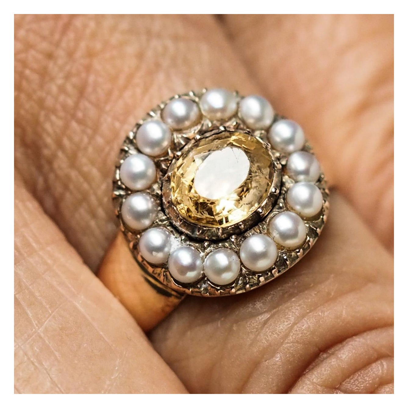 Antiker georgischer Citrin & Perlen-Cluster-Ring 14K Gold - c.1800