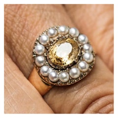 Antiguo Anillo Georgiano de Oro de 14K con Citrino y Perla - c.1800