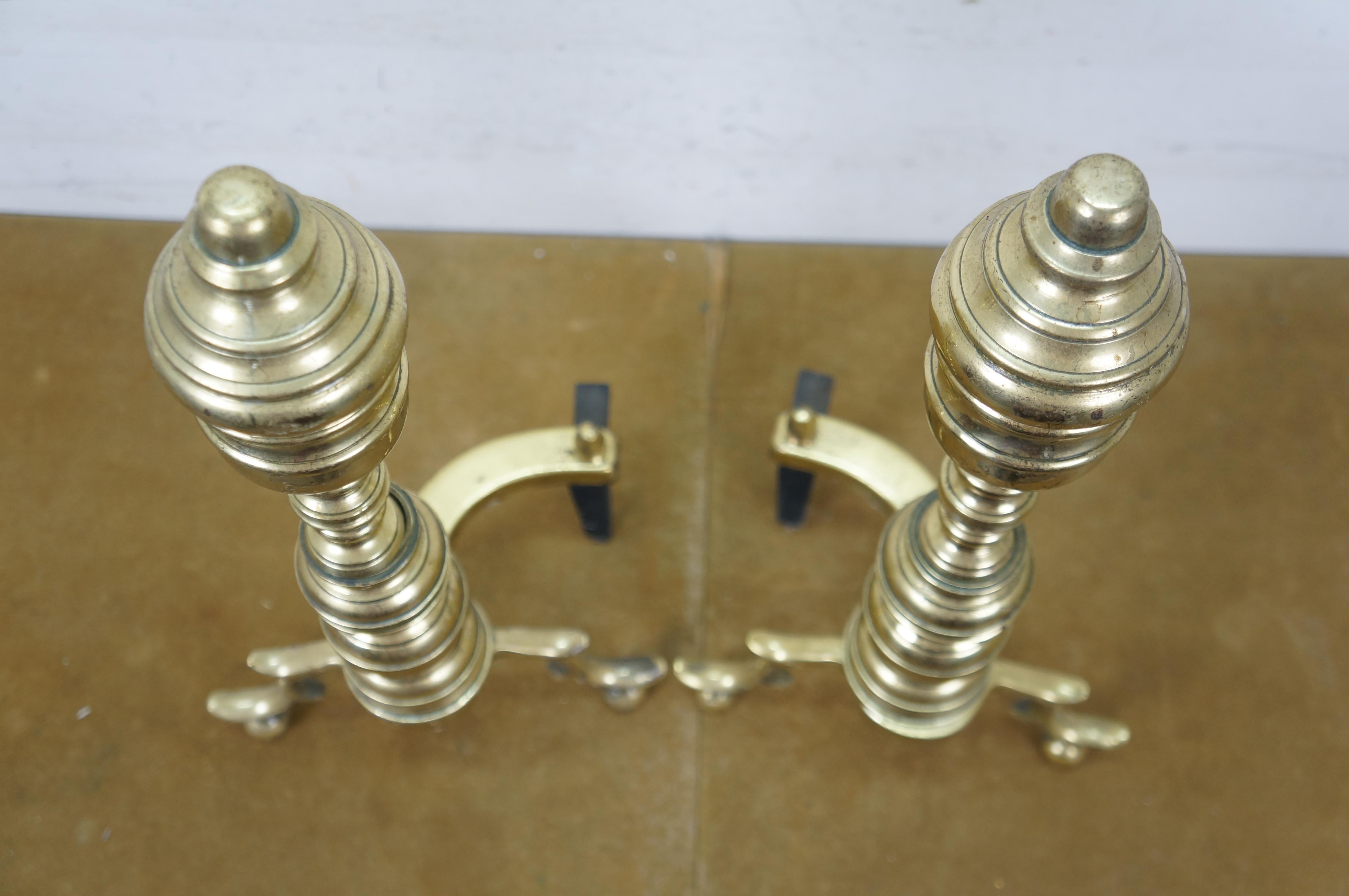 Antique Georgian Colonial Revival Brass Beehive Fire Dog Andirons 20