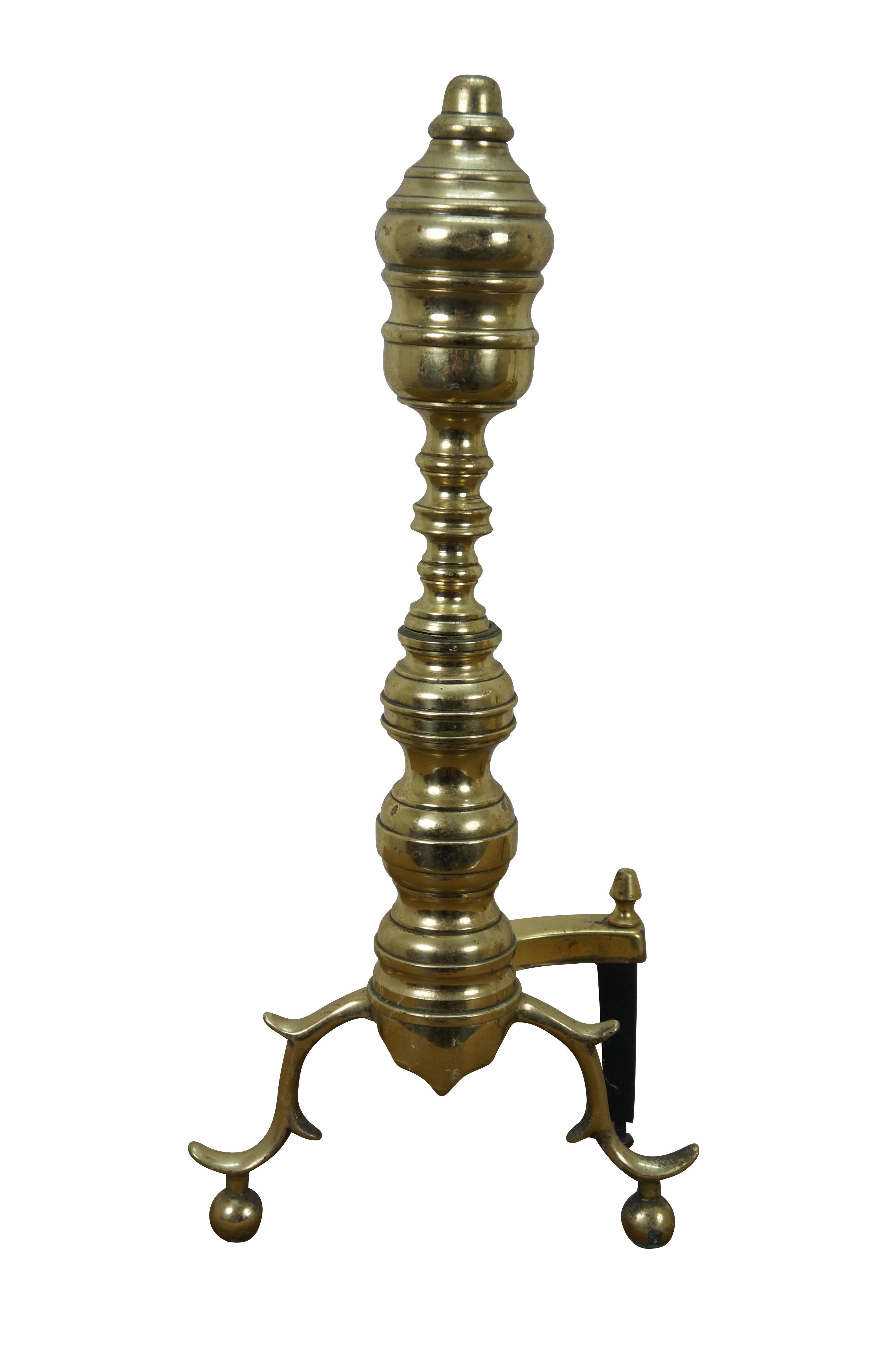 Pair of antique brass Chippendale / Georgian / Colonial style andirons / fire dogs - beehive shaped baluster style posts on bowed legs with orb feet.

Dimensions:
8.75