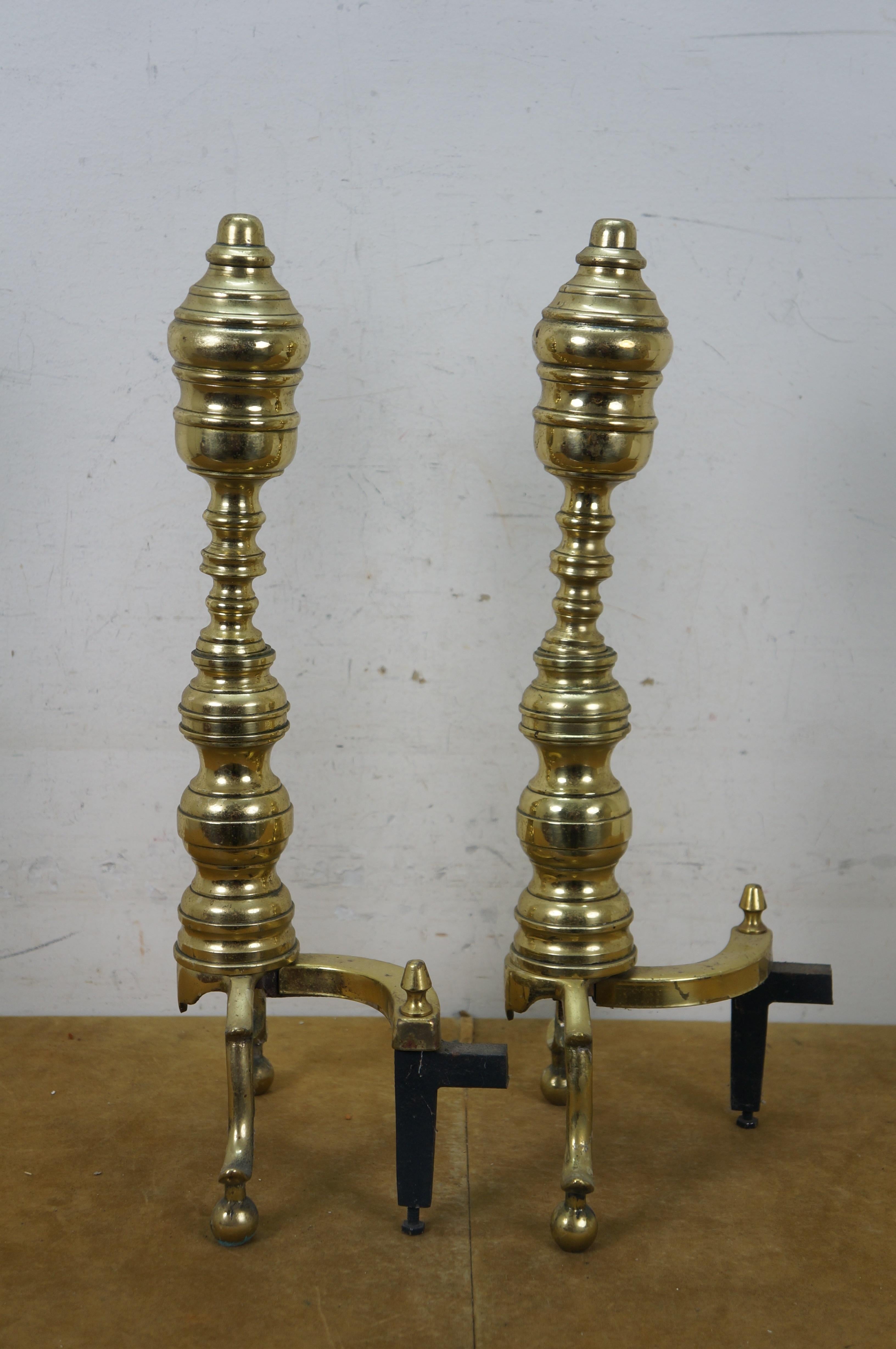 Antique Georgian Colonial Revival Brass Beehive Fire Dog Andirons 20