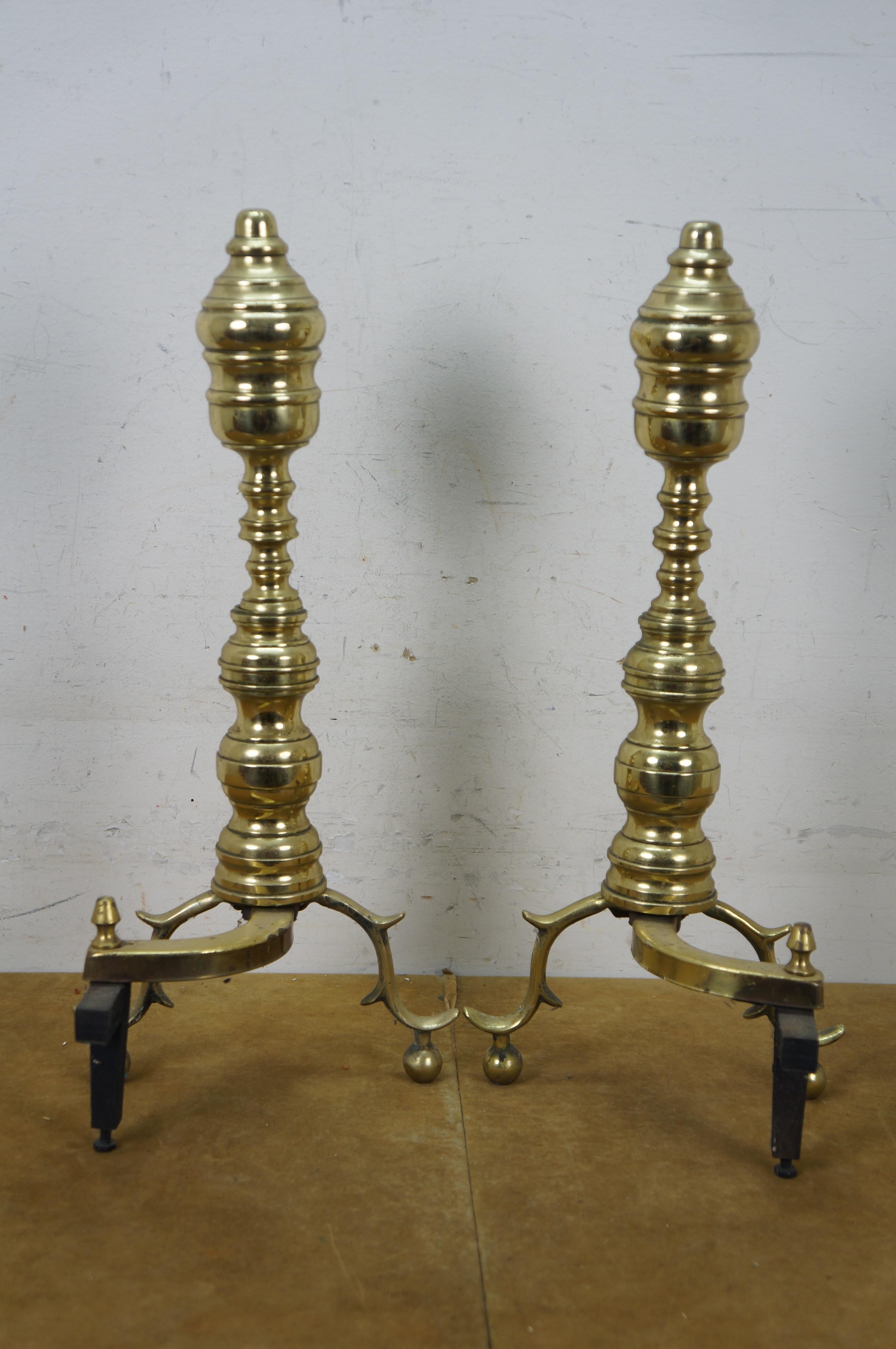 19th Century Antique Georgian Colonial Revival Brass Beehive Fire Dog Andirons 20