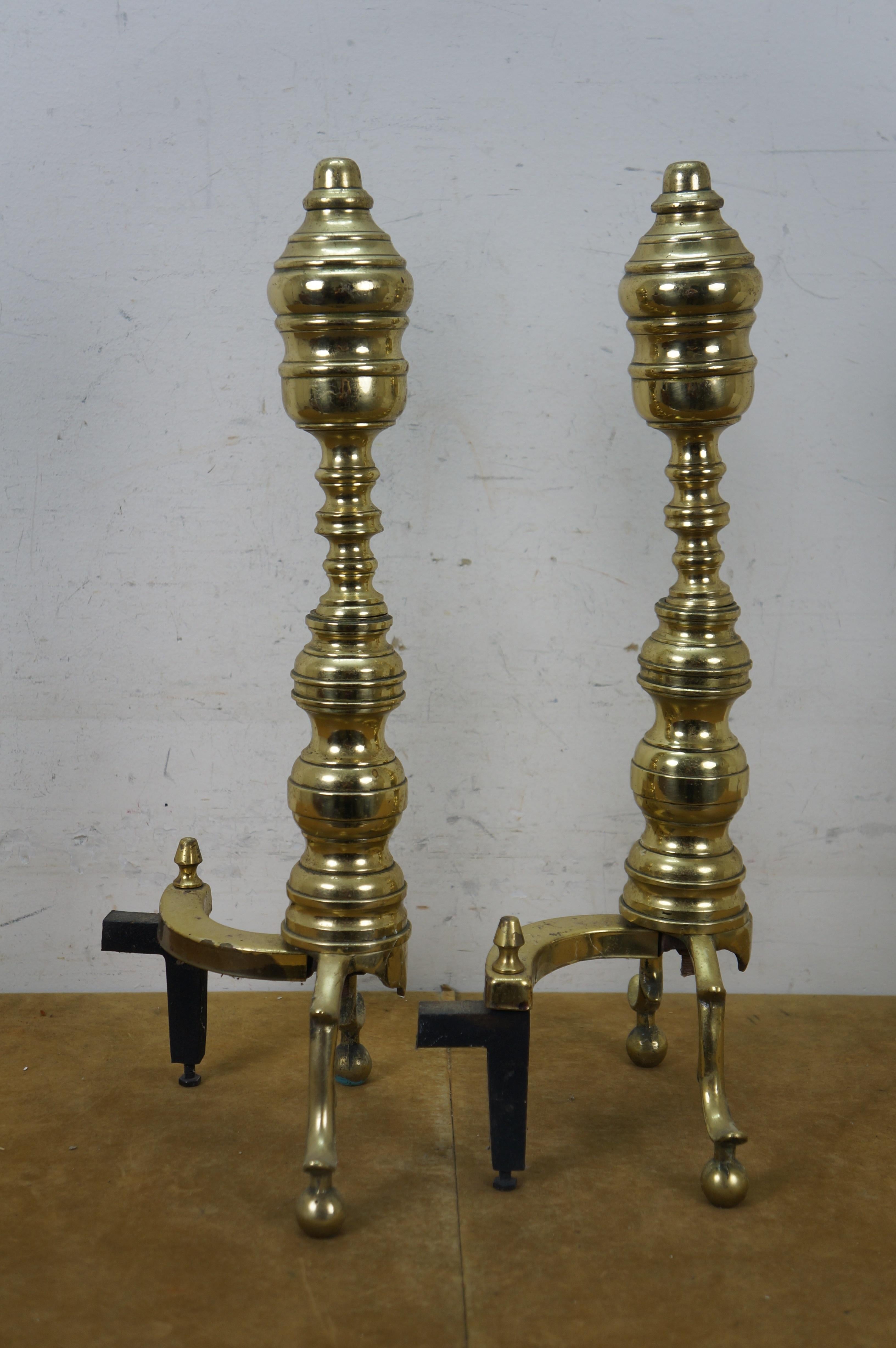 Antique Georgian Colonial Revival Brass Beehive Fire Dog Andirons 20